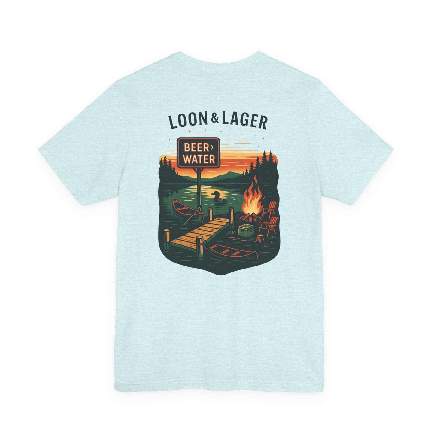 Loon & Lager Tee | Campfire Dock Scene with Canoes, Cooler, and Beer Sign - Playful Northern Lake Night Graphic Back Tee (BC3001)