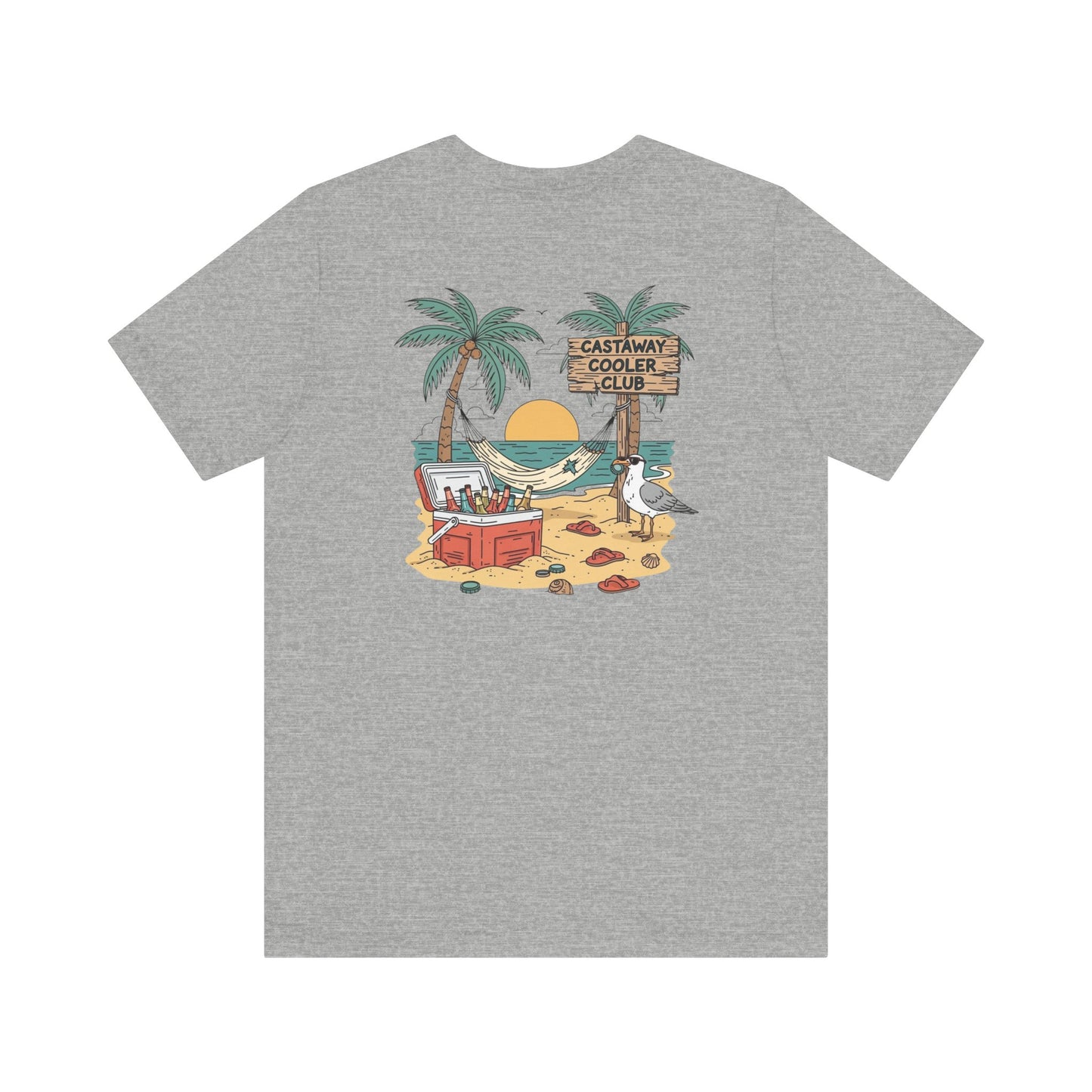 Castaway Cooler Club Tee | Beach Hammock Scene with Palm Trees, Ice Chest, and Sunset - Tropical Island Party Graphic Back Tee (BC3001)