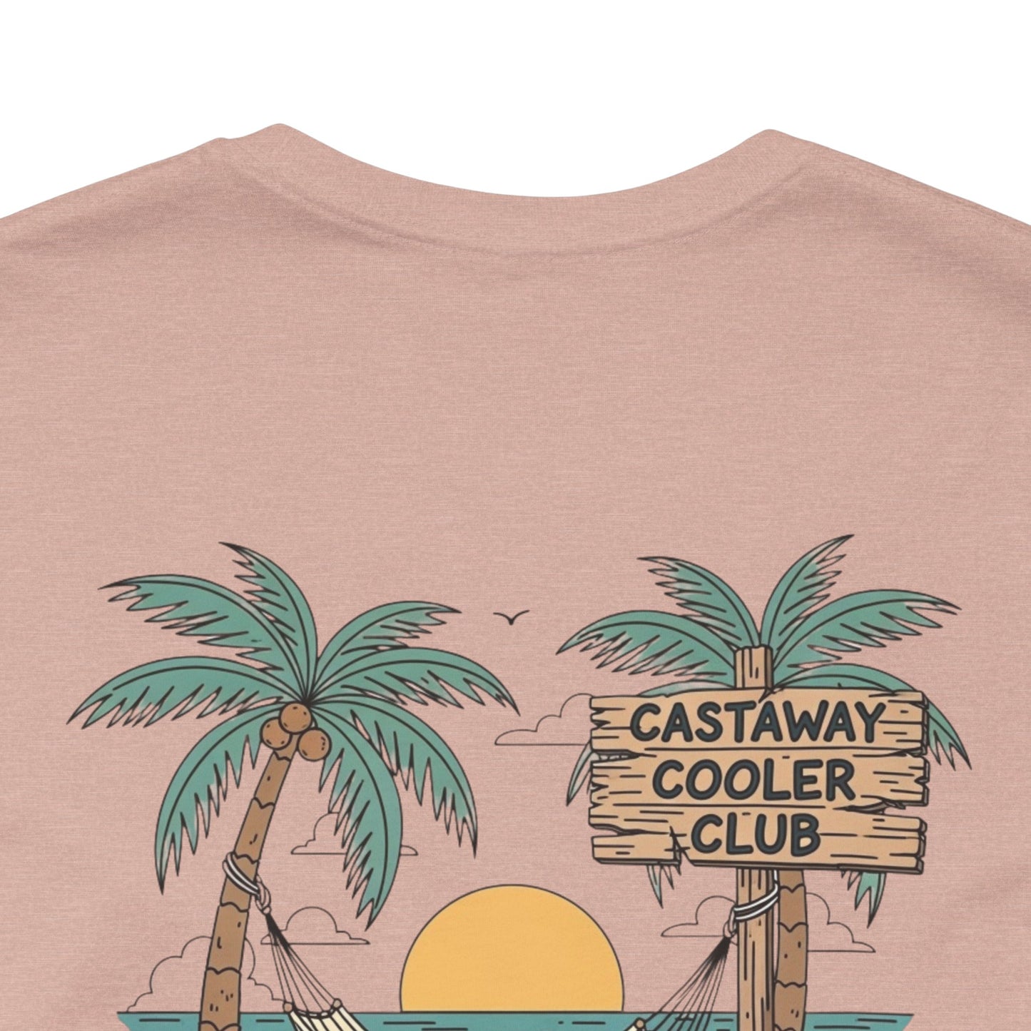 Castaway Cooler Club Tee | Beach Hammock Scene with Palm Trees, Ice Chest, and Sunset - Tropical Island Party Graphic Back Tee (BC3001)