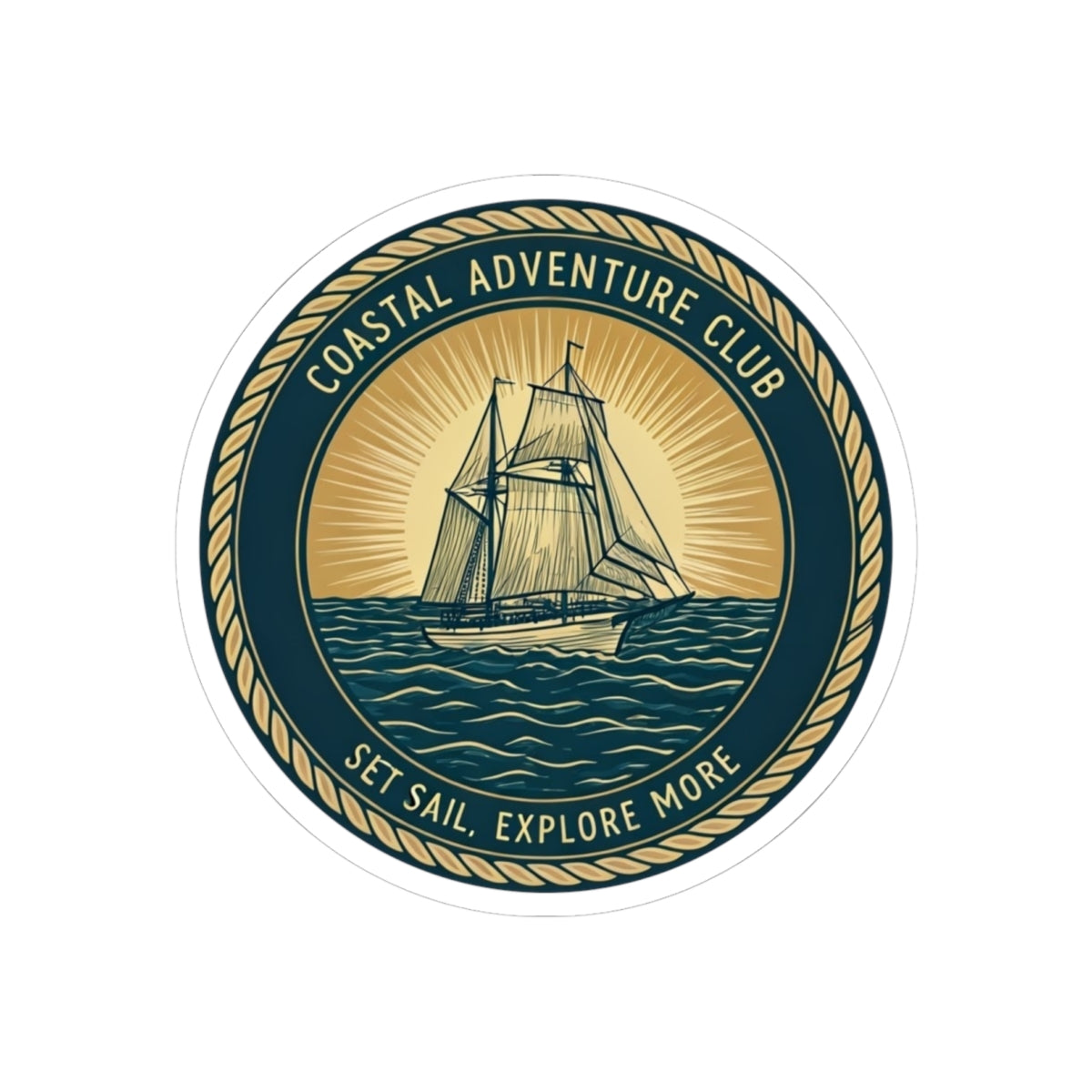 Coastal Adventure Club Sticker | Nautical Sailboat Emblem with Vintage Rope Border – Set Sail & Explore Vinyl Sticker