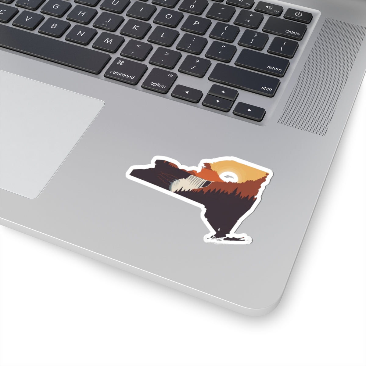 New York Summit Sticker | Adirondack Peaks with Sunset in State Silhouette – Bold Wilderness Mountain Vinyl Sticker