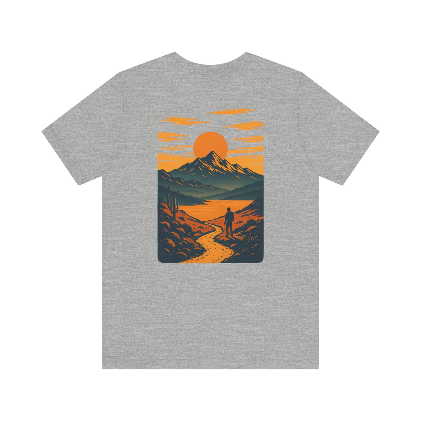 Sunset Range Tee | Vibrant Orange Mountain Landscape with Trail Hiker and Setting Sun - Bold Desert Peak Graphic Tee (BC3001)