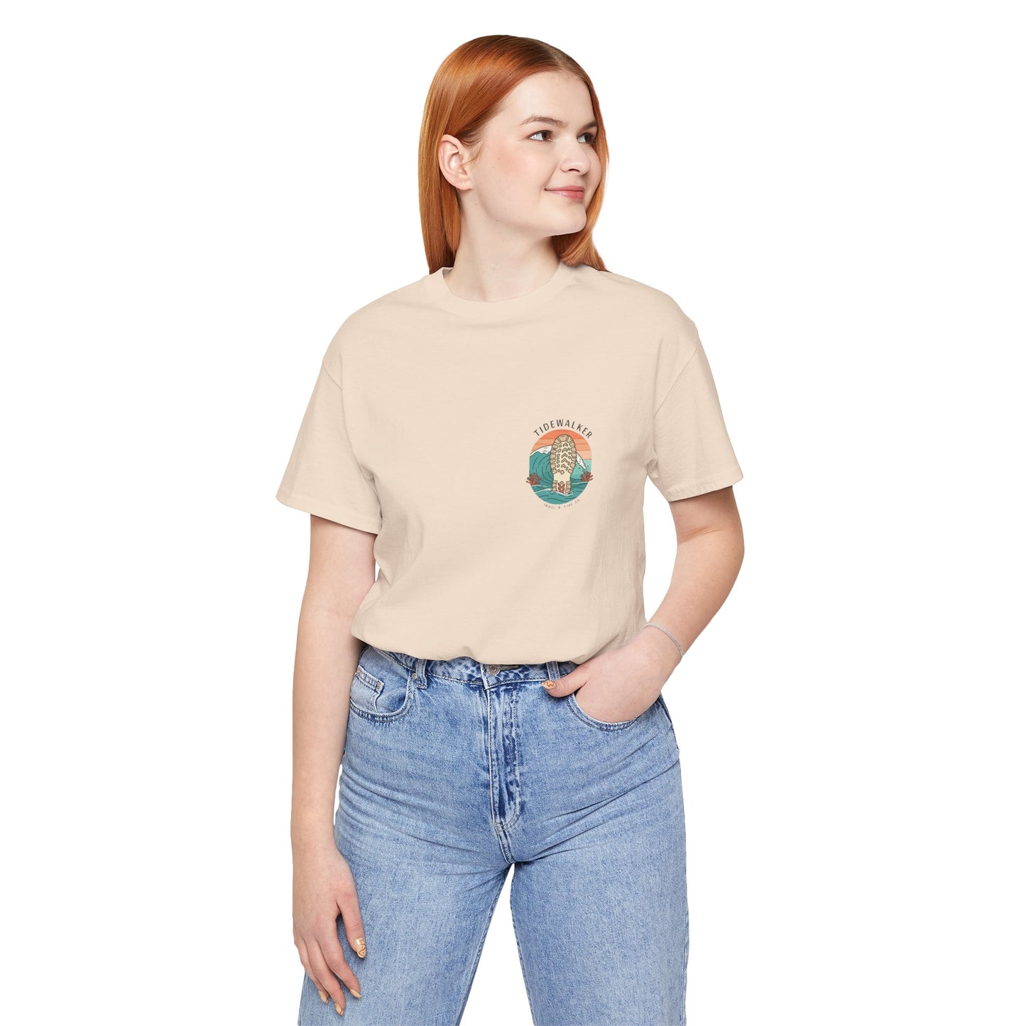Tidewalker Tee | Coastal Trail Footprints Along Sunset Shore - Beach Walk Graphic Back Tee with Front Crest Patch (BC3001)