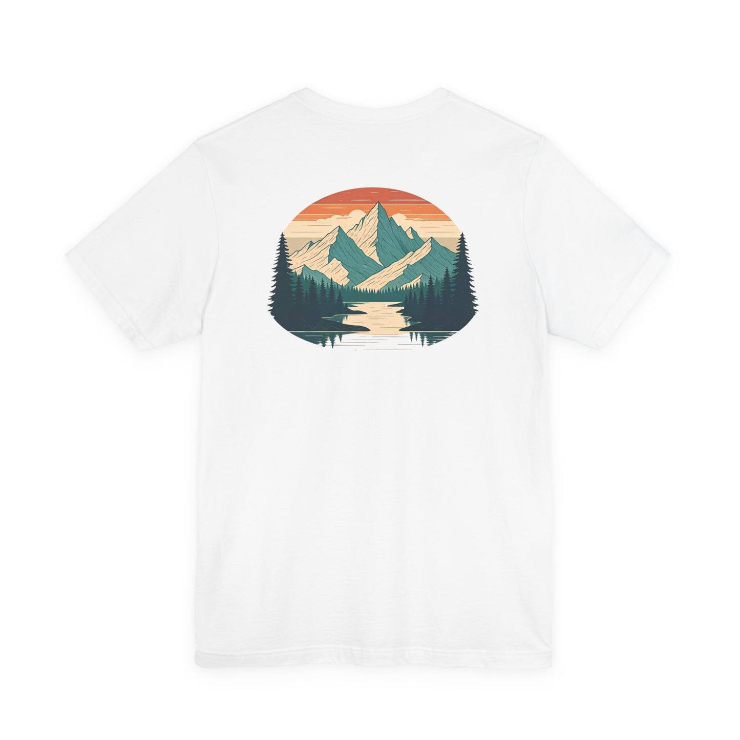 Mountain Horizon Tee | Bold Wilderness Scene with Sunset Peaks and Pine Reflection - Adventure Graphic Shirt (BC3001)