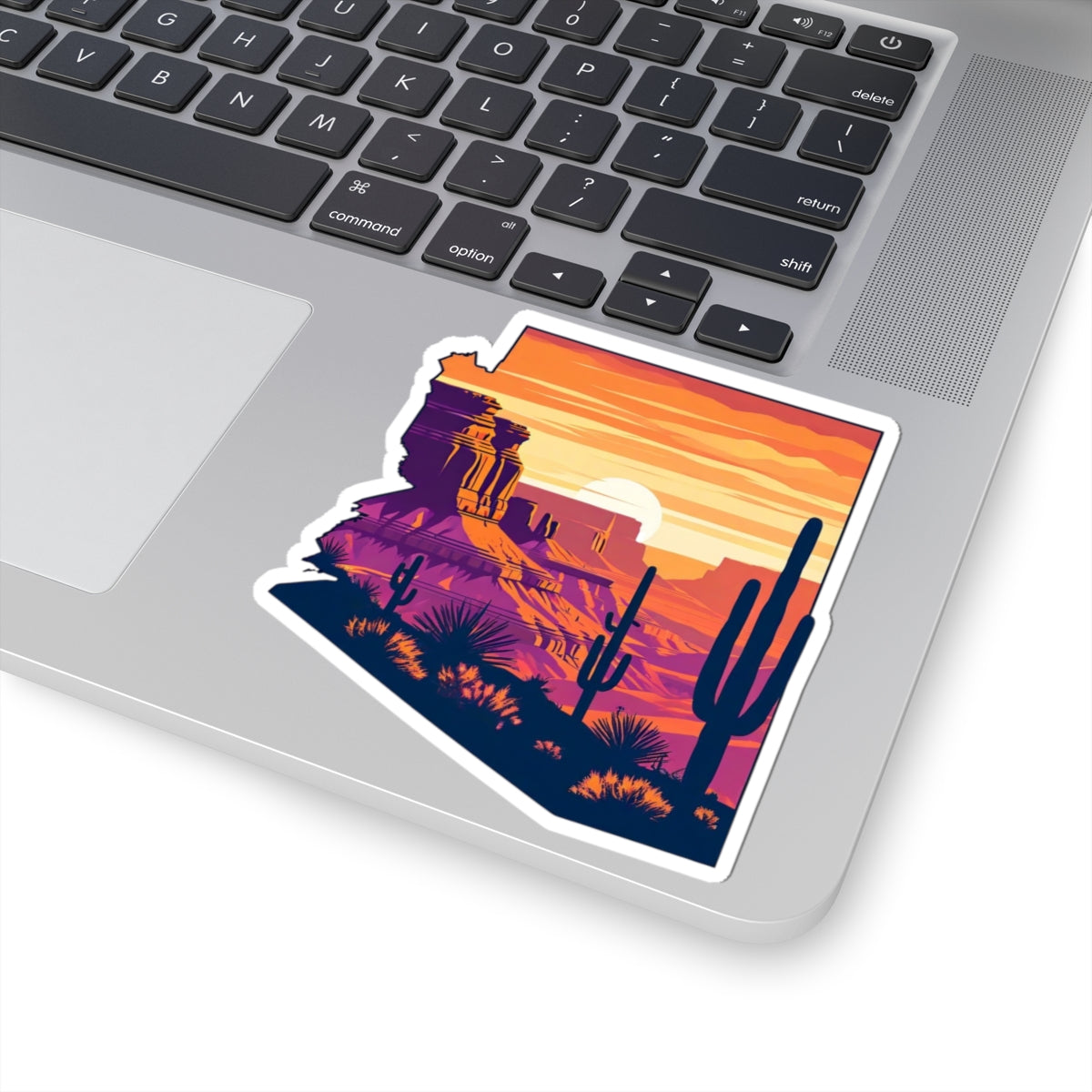 Desert Glow Sticker | Arizona State Outline with Cactus Landscape, Red Rocks, and Sunset Sky – Bold Southwest Desert Vinyl Sticker
