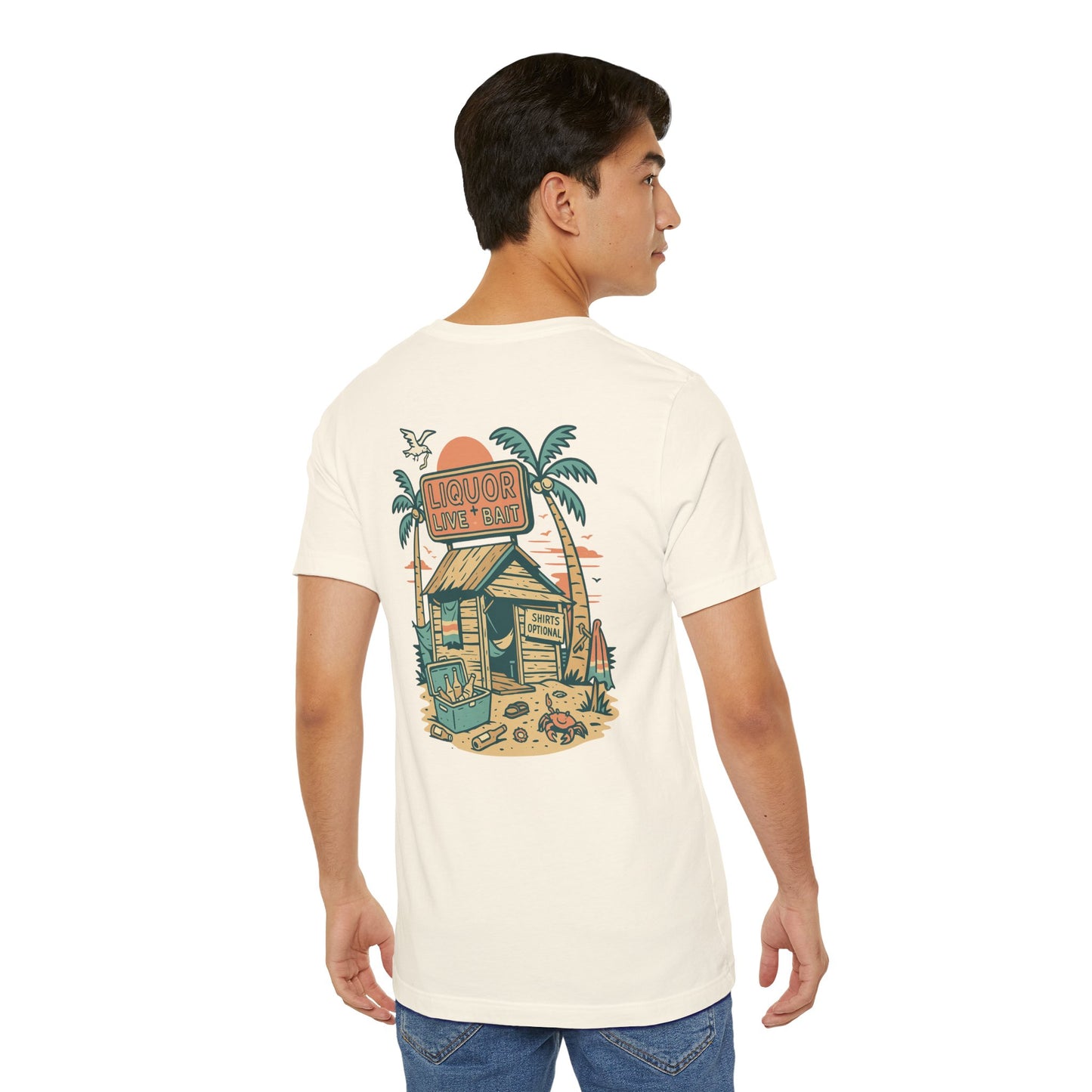 Sunburnt & Buzzed Tee | Tropical Bait Shack with Cooler, Crabs, and Neon Sign - Retro Beach Bar Party Graphic Tee (BC3001)