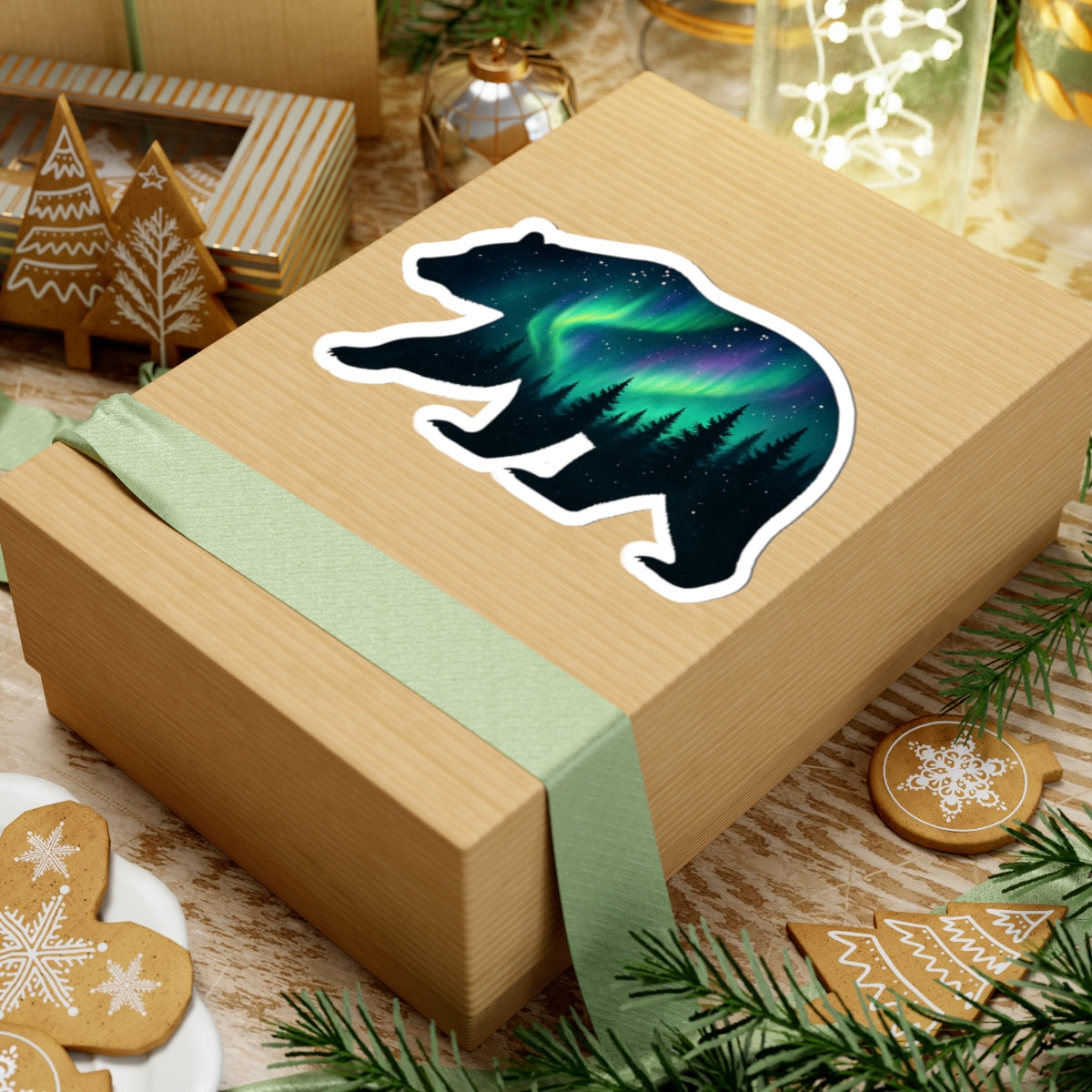 Aurora Bear Sticker | Northern Lights and Pine Forest Inside Bear Silhouette – Starry Wilderness Vinyl Sticker