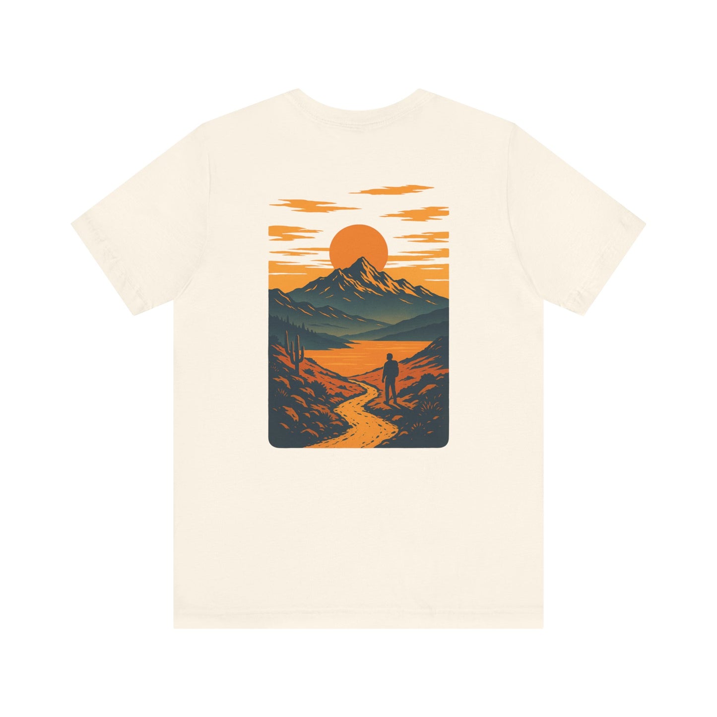 Sunset Range Tee | Vibrant Orange Mountain Landscape with Trail Hiker and Setting Sun - Bold Desert Peak Graphic Tee (BC3001)