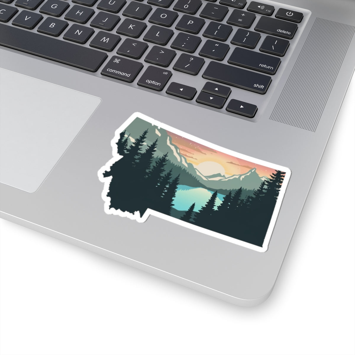 Montana Sunrise Sticker | Scenic Mountain Lake Through Forest Silhouette – Tranquil Wilderness State Vinyl Sticker