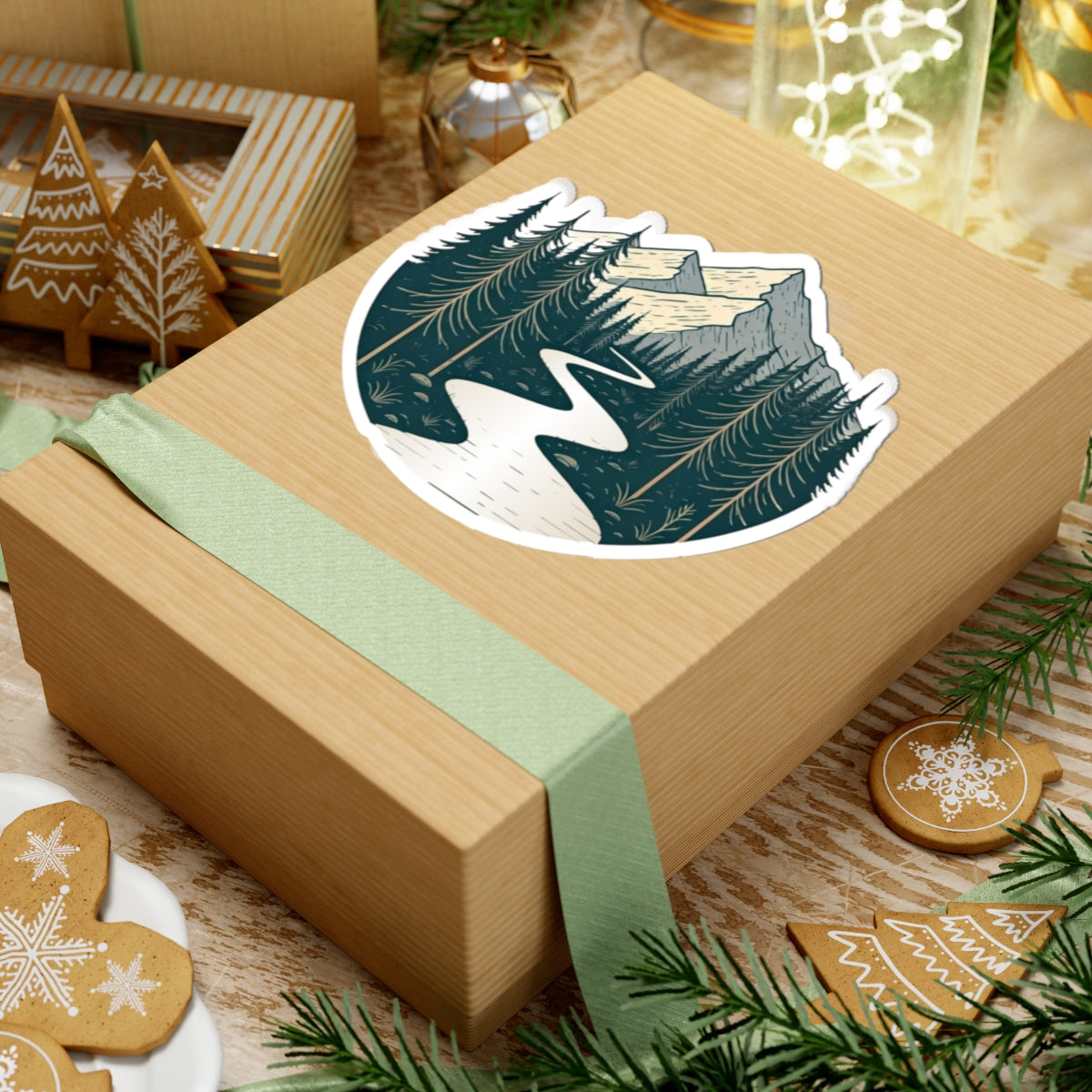 Alpine River Sticker | Winding Stream Through Pines and Peaks – Nature Mountain Scene Vinyl Sticker