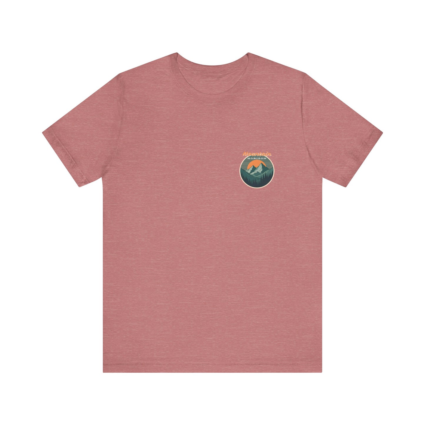 Mountain Horizon Tee | Bold Wilderness Scene with Sunset Peaks and Pine Reflection - Adventure Graphic Shirt (BC3001)