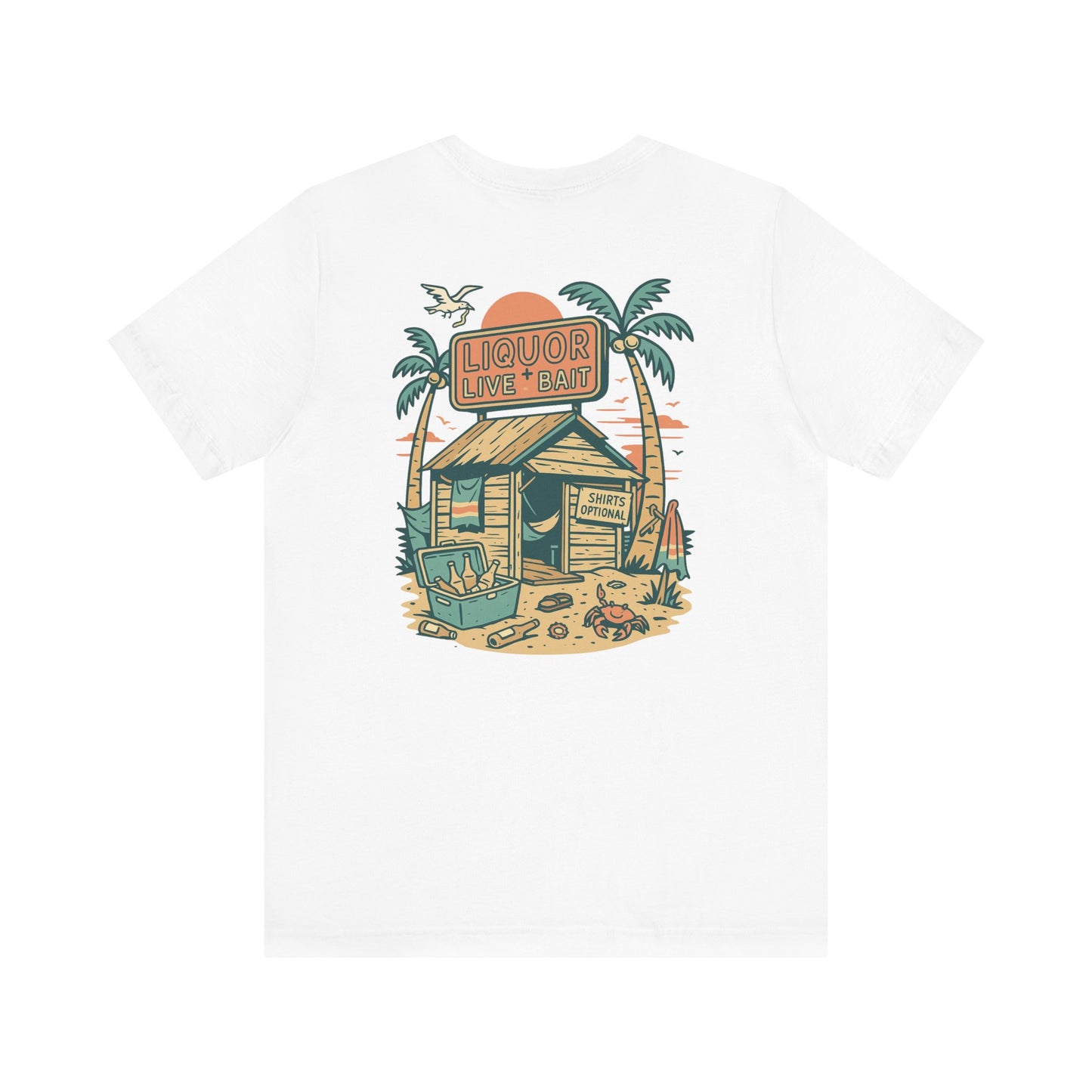 Sunburnt & Buzzed Tee | Tropical Bait Shack with Cooler, Crabs, and Neon Sign - Retro Beach Bar Party Graphic Tee (BC3001)