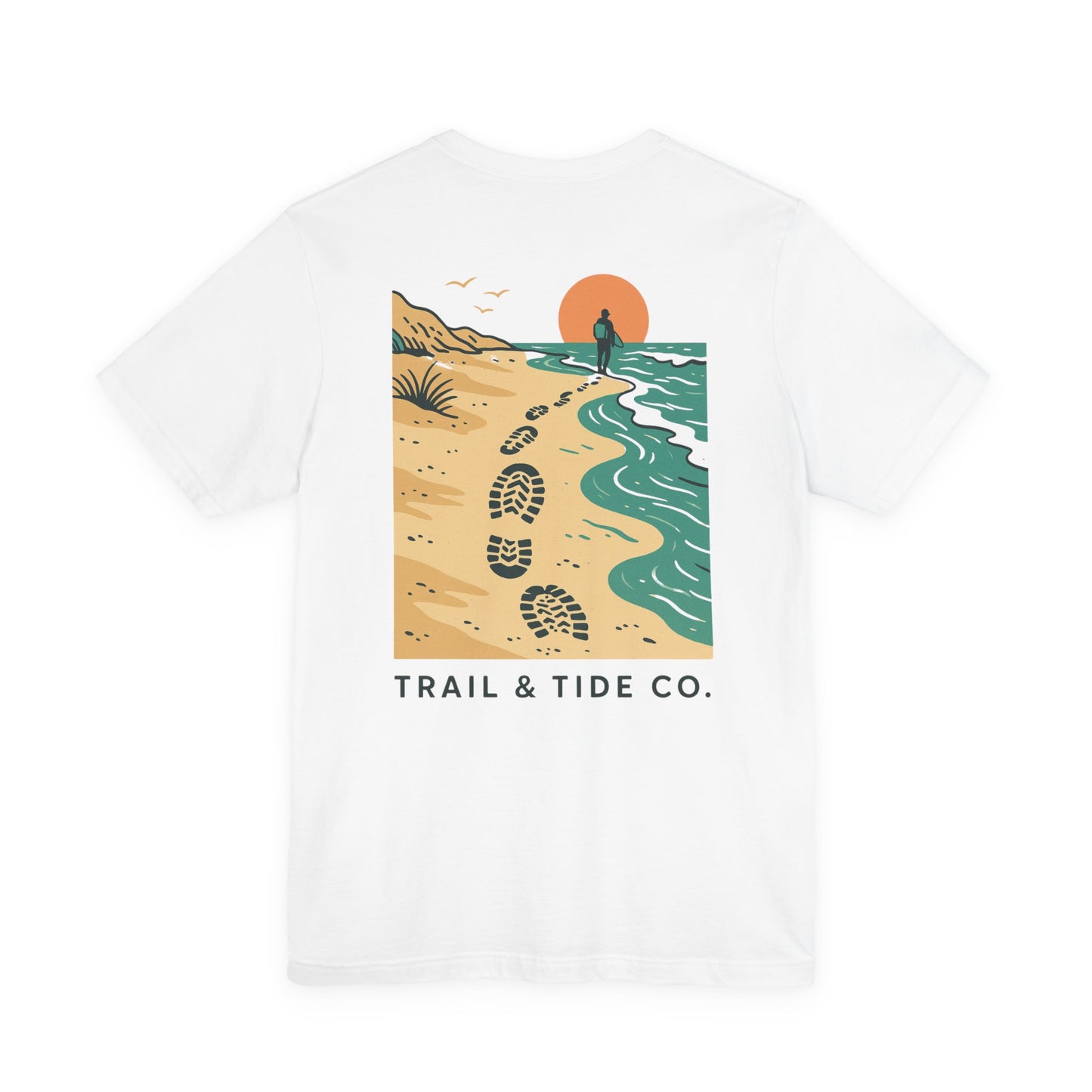 Tidewalker Tee | Coastal Trail Footprints Along Sunset Shore - Beach Walk Graphic Back Tee with Front Crest Patch (BC3001)