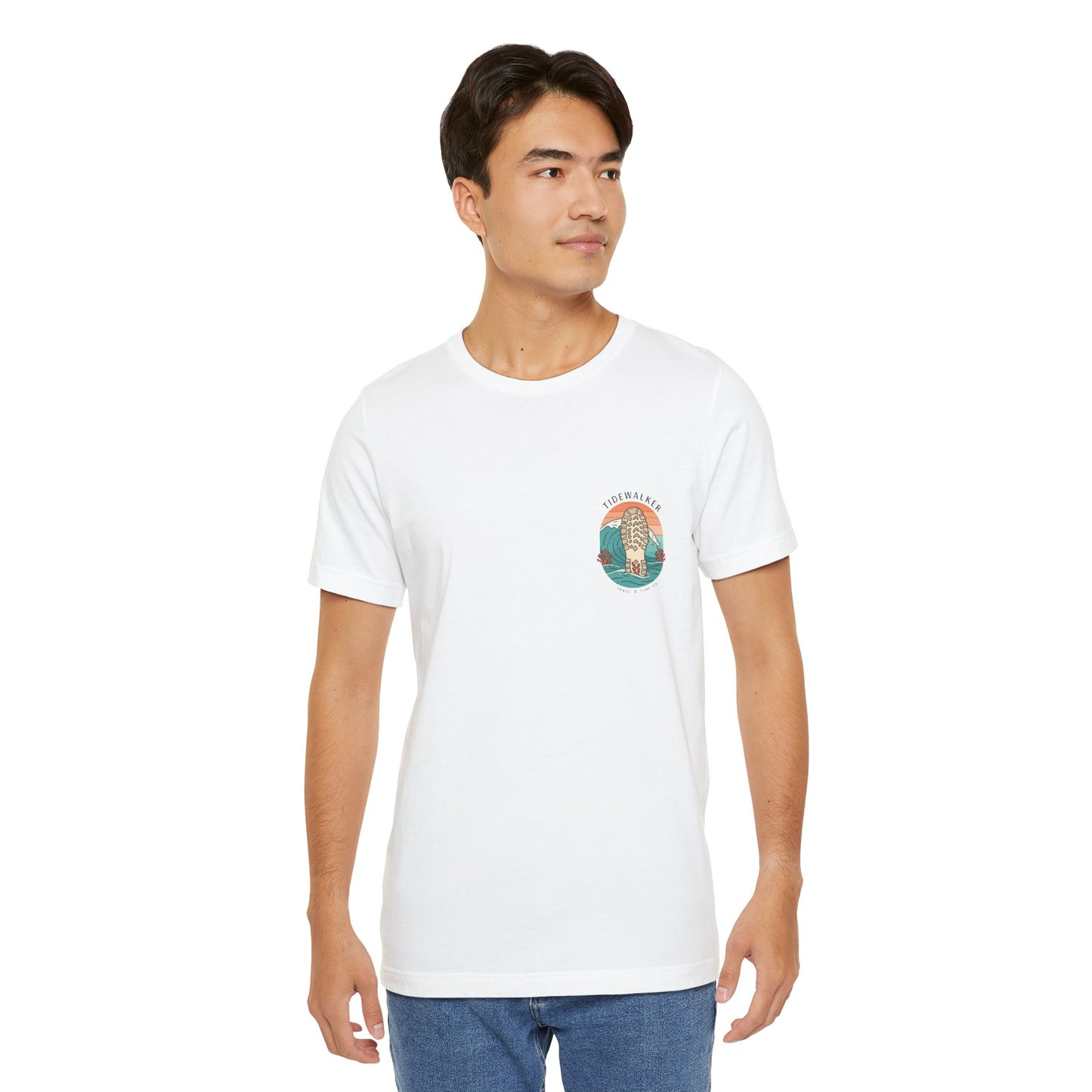 Tidewalker Tee | Coastal Trail Footprints Along Sunset Shore - Beach Walk Graphic Back Tee with Front Crest Patch (BC3001)