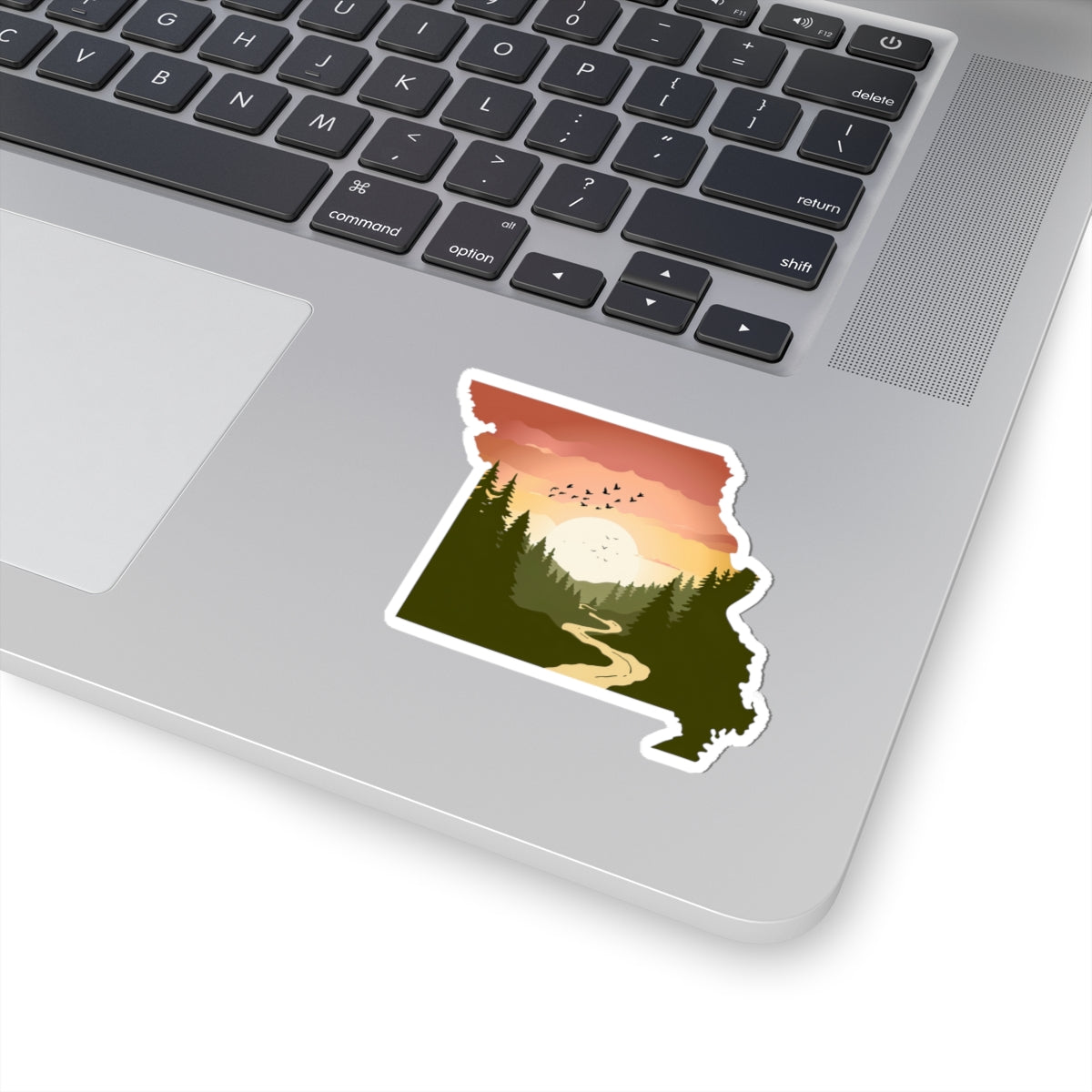 Missouri Wilderness Sticker | Sunrise Trail and Pines in State Silhouette – Ozark Forest Adventure Vinyl Sticker