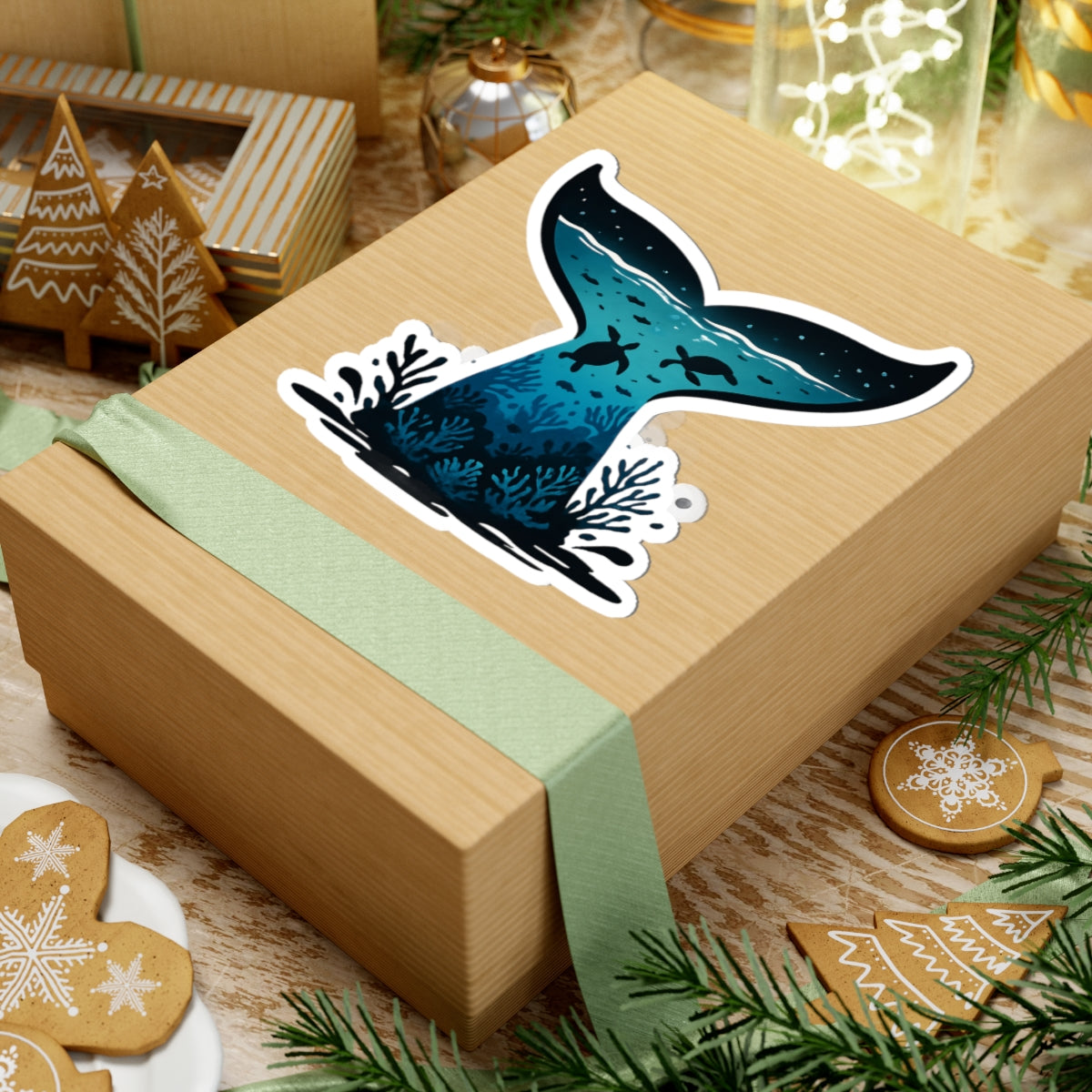 Sea Turtle Trek Sticker | Underwater Ocean Scene Inside Whale Tail - Marine Wildlife Vinyl Sticker