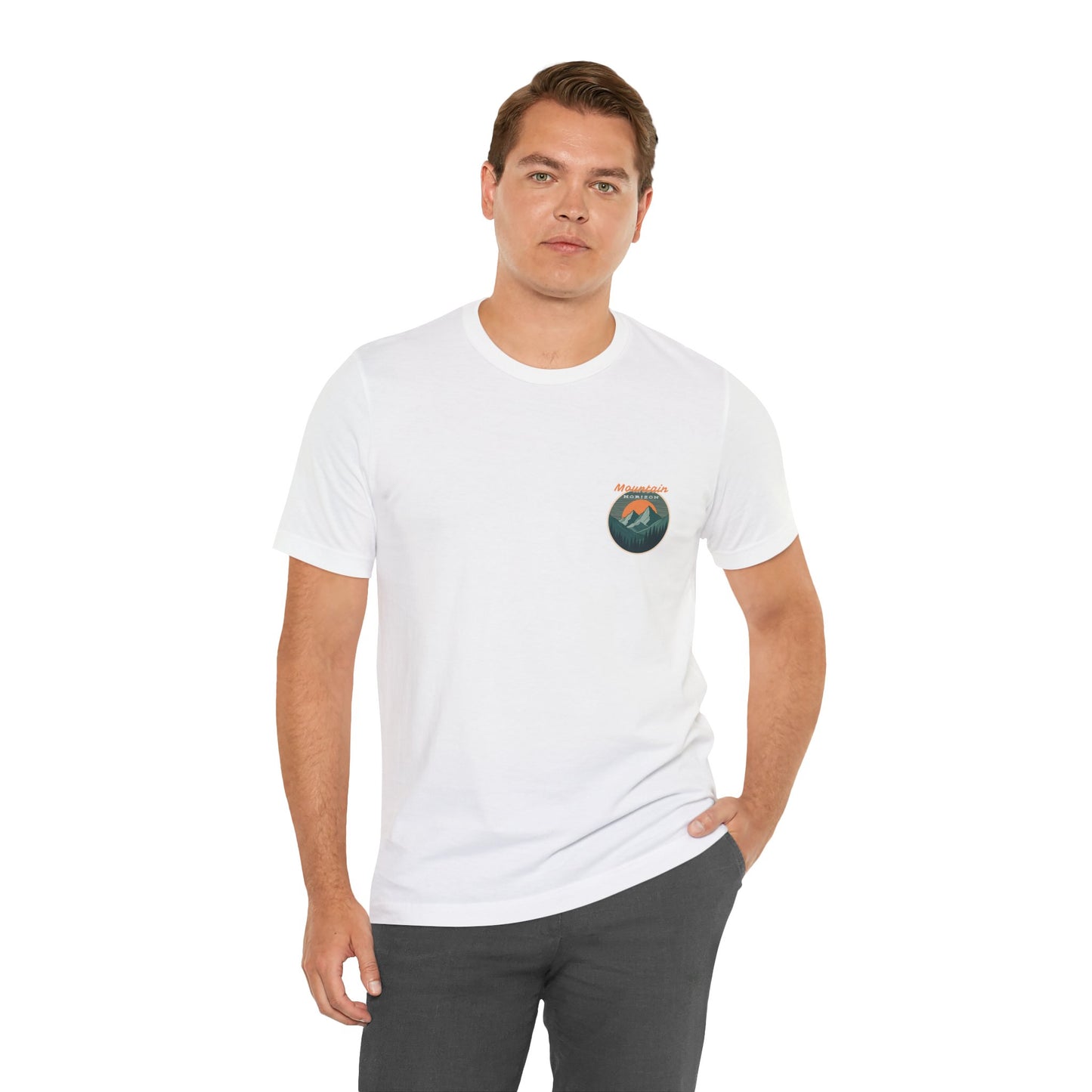 Mountain Horizon Tee | Bold Wilderness Scene with Sunset Peaks and Pine Reflection - Adventure Graphic Shirt (BC3001)