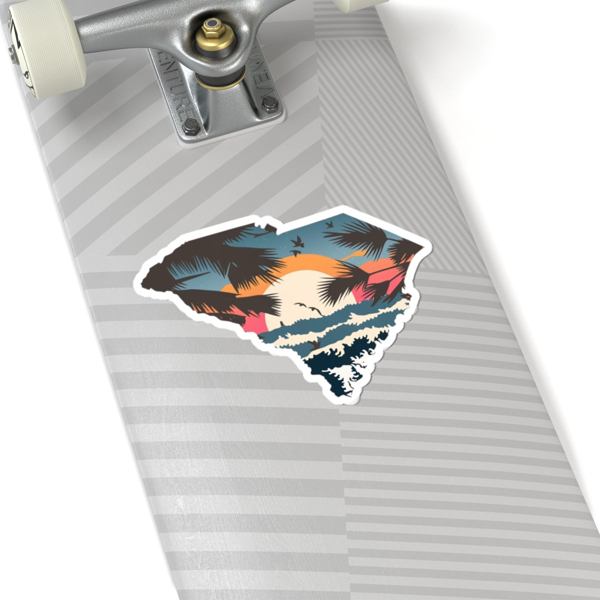 Palmetto Coast Sticker | Tropical Beach Sunset Inside South Carolina State Shape – Ocean Waves & Palm Tree Silhouette Vinyl Sticker