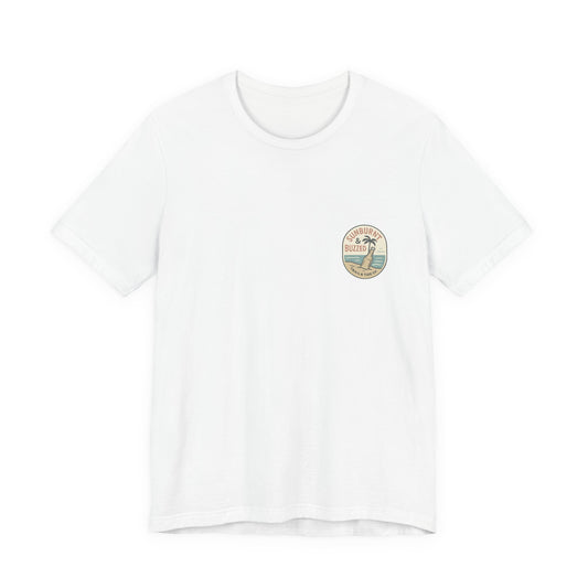 Sunburnt & Buzzed Tee | Tropical Bait Shack with Cooler, Crabs, and Neon Sign - Retro Beach Bar Party Graphic Tee (BC3001)