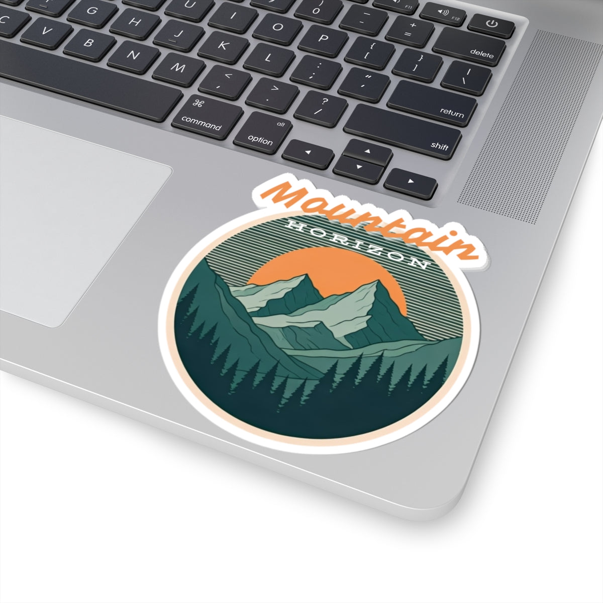 Mountain Horizon Sticker | Retro Sunset Mountain Badge with Tree Line Silhouette – Wilderness Landscape Vinyl Sticker