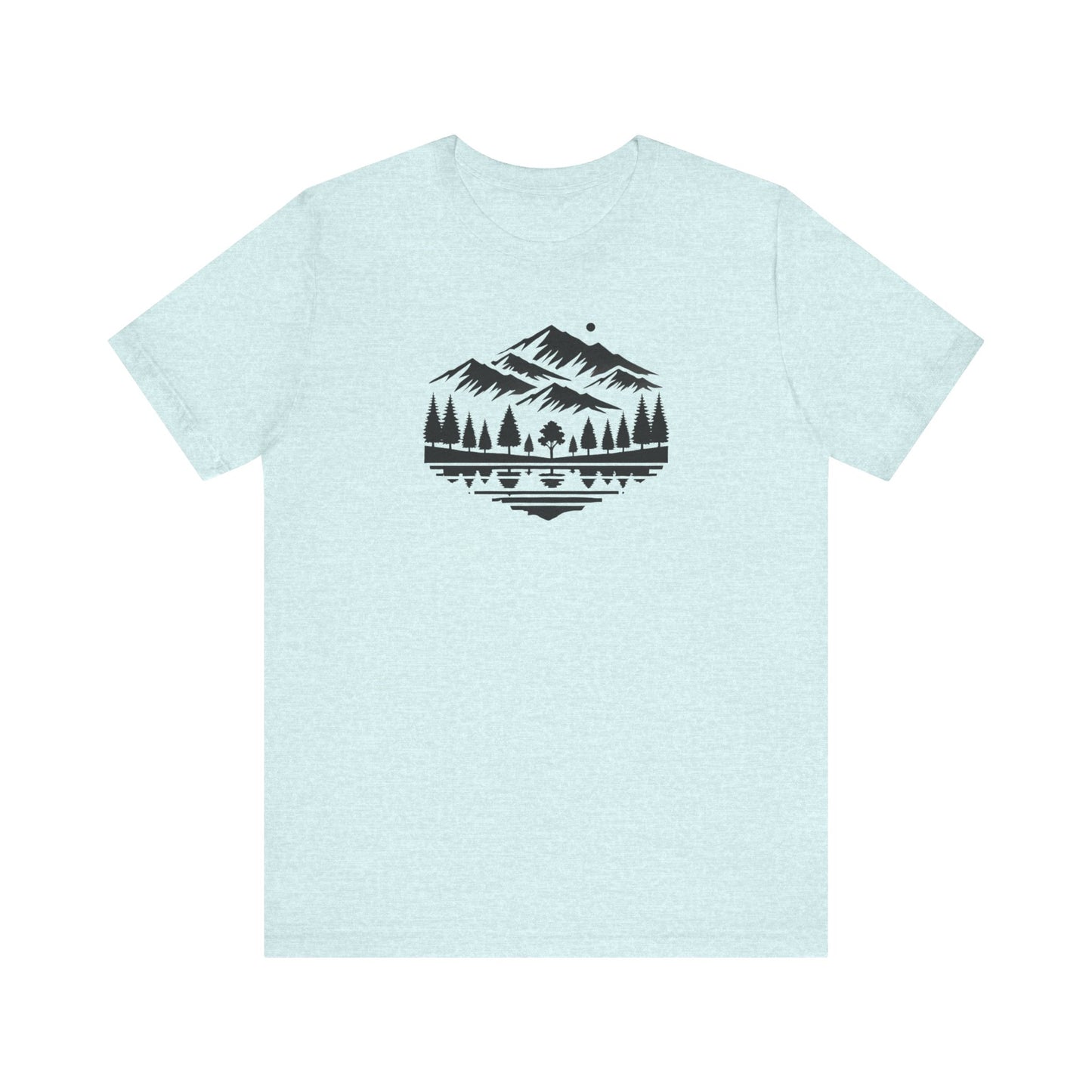 Alpine Reflection Tee | Minimal Mountain Scene with Forest and Lake - Bold Nature Graphic T-Shirt (BC3001)