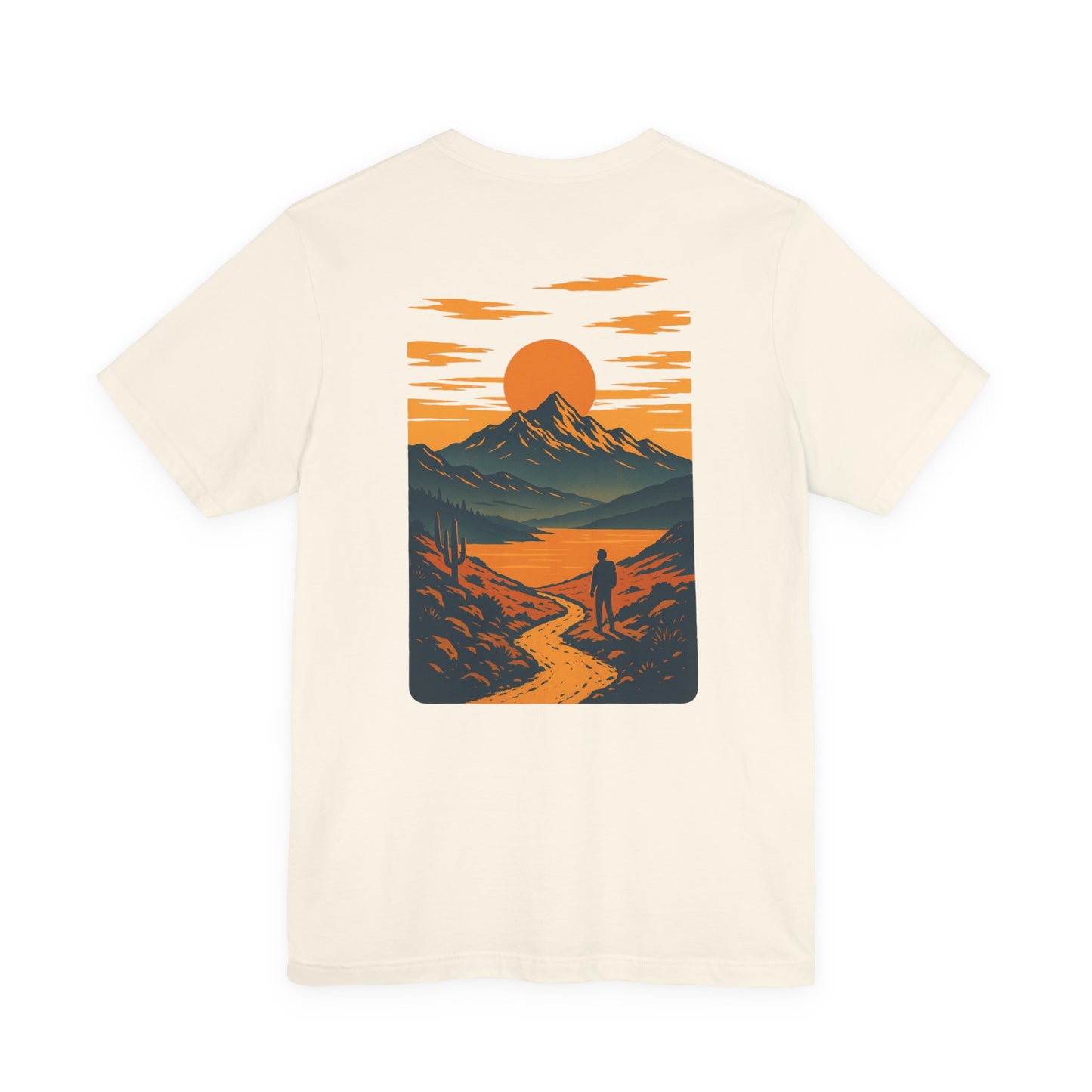 Sunset Range Tee | Vibrant Orange Mountain Landscape with Trail Hiker and Setting Sun - Bold Desert Peak Graphic Tee (BC3001)
