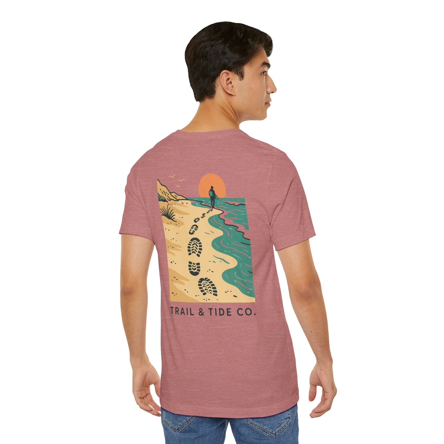 Tidewalker Tee | Coastal Trail Footprints Along Sunset Shore - Beach Walk Graphic Back Tee with Front Crest Patch (BC3001)