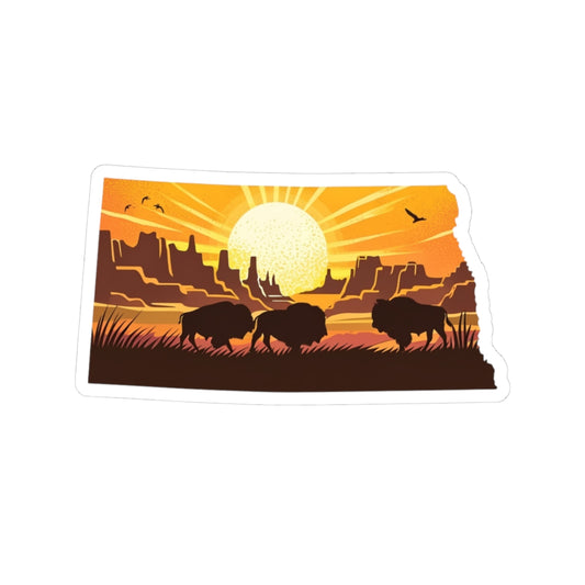 Dakota Sunset Sticker | North Dakota Shape with Bison Herd, Prairie Ridge, and Golden Sun – Bold Western Plains Vinyl Sticker