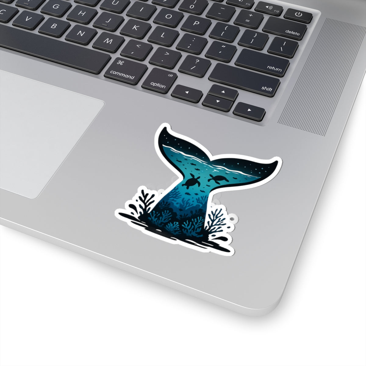 Sea Turtle Trek Sticker | Underwater Ocean Scene Inside Whale Tail - Marine Wildlife Vinyl Sticker