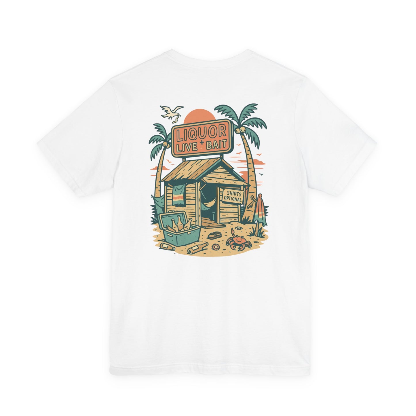 Sunburnt & Buzzed Tee | Tropical Bait Shack with Cooler, Crabs, and Neon Sign - Retro Beach Bar Party Graphic Tee (BC3001)
