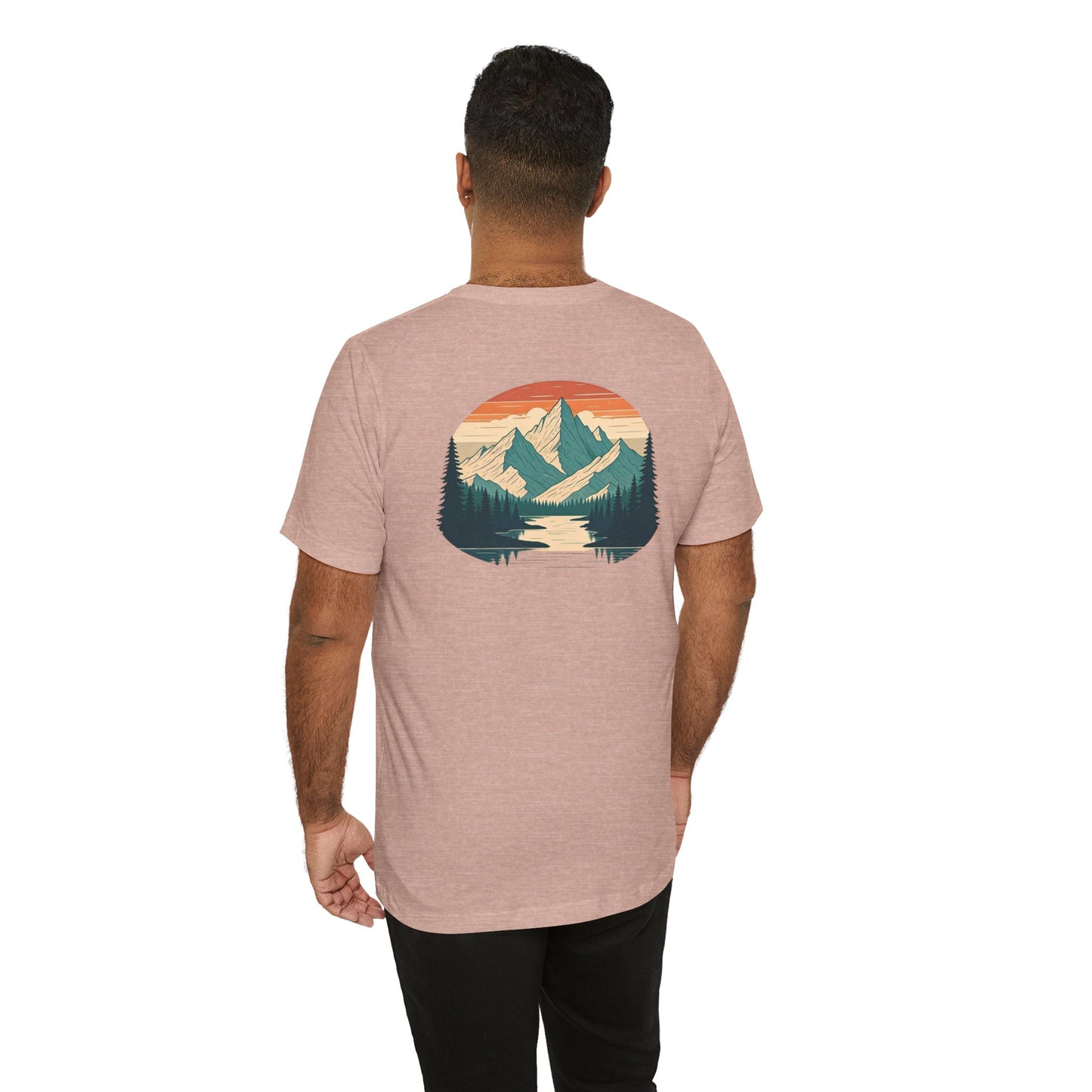 Mountain Horizon Tee | Bold Wilderness Scene with Sunset Peaks and Pine Reflection - Adventure Graphic Shirt (BC3001)
