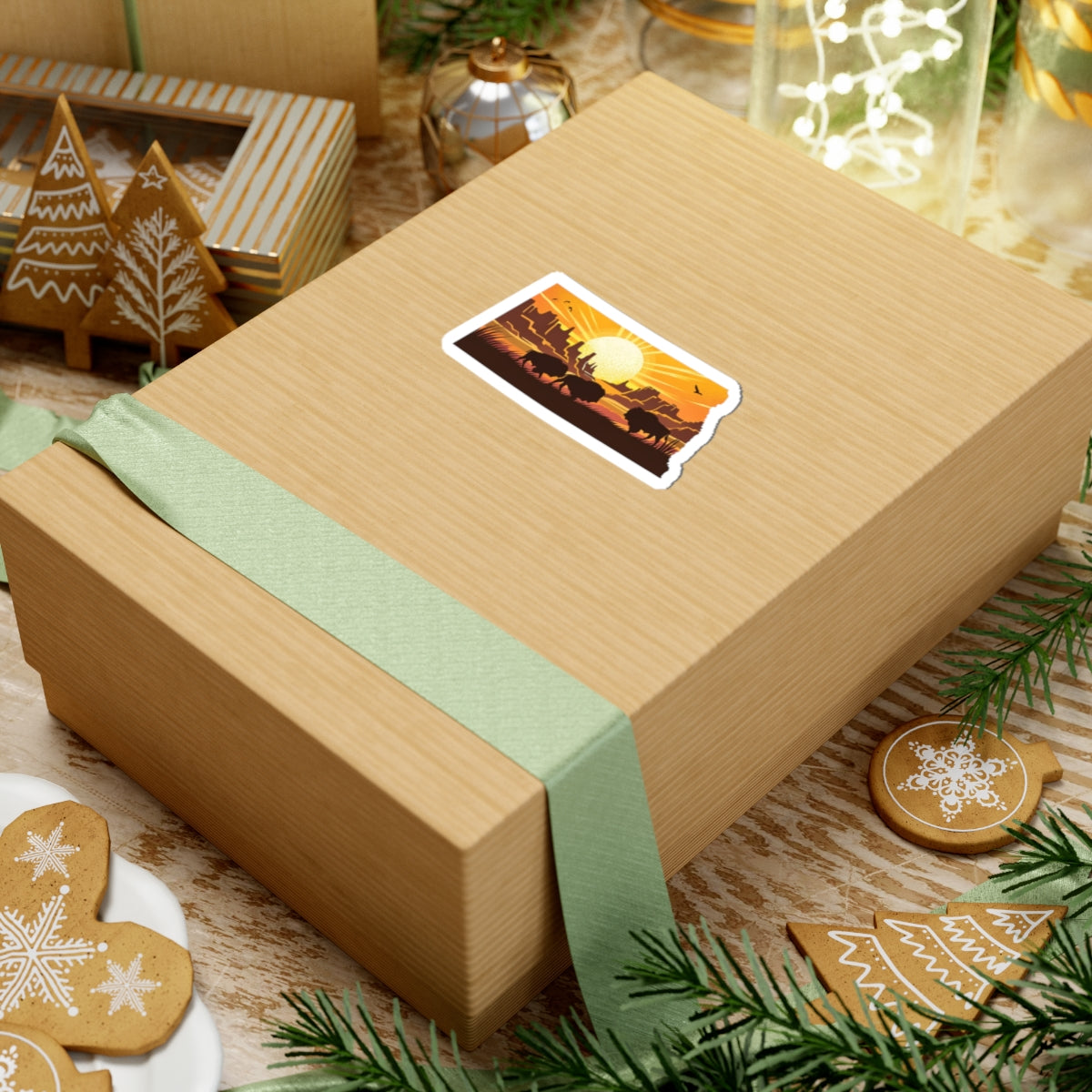 Dakota Sunset Sticker | North Dakota Shape with Bison Herd, Prairie Ridge, and Golden Sun – Bold Western Plains Vinyl Sticker