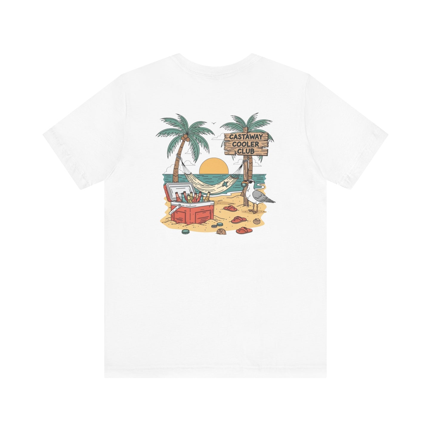Castaway Cooler Club Tee | Beach Hammock Scene with Palm Trees, Ice Chest, and Sunset - Tropical Island Party Graphic Back Tee (BC3001)