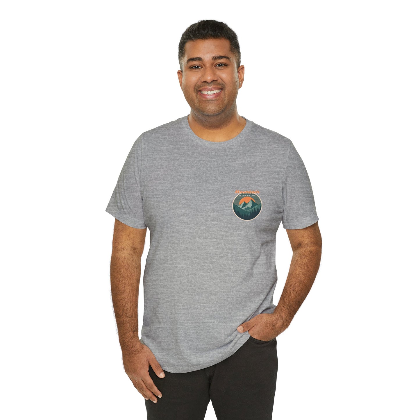 Mountain Horizon Tee | Bold Wilderness Scene with Sunset Peaks and Pine Reflection - Adventure Graphic Shirt (BC3001)