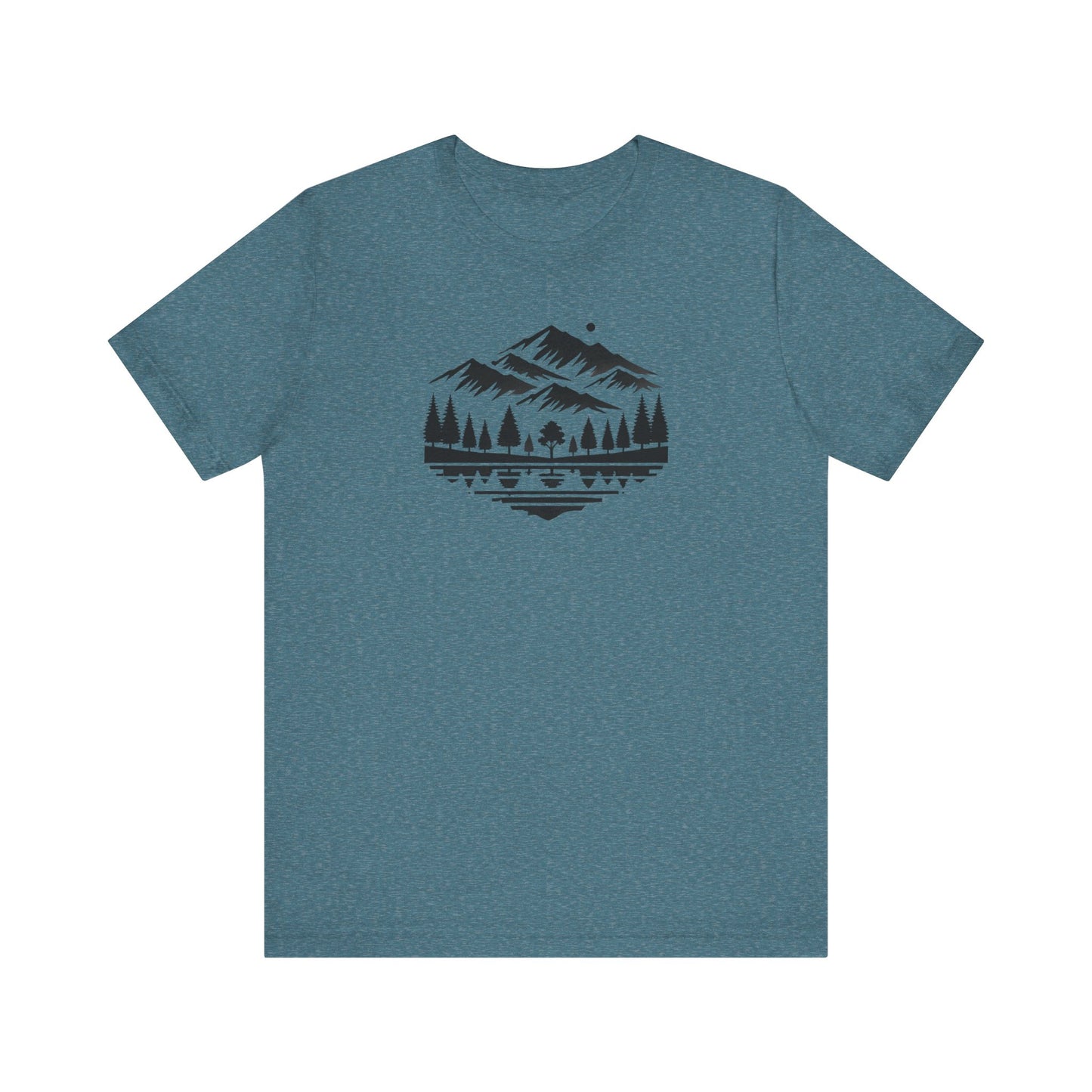 Alpine Reflection Tee | Minimal Mountain Scene with Forest and Lake - Bold Nature Graphic T-Shirt (BC3001)