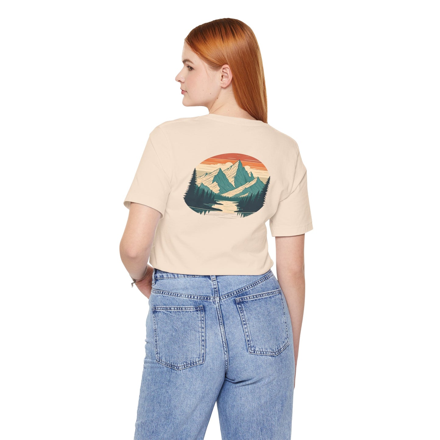 Mountain Horizon Tee | Bold Wilderness Scene with Sunset Peaks and Pine Reflection - Adventure Graphic Shirt (BC3001)