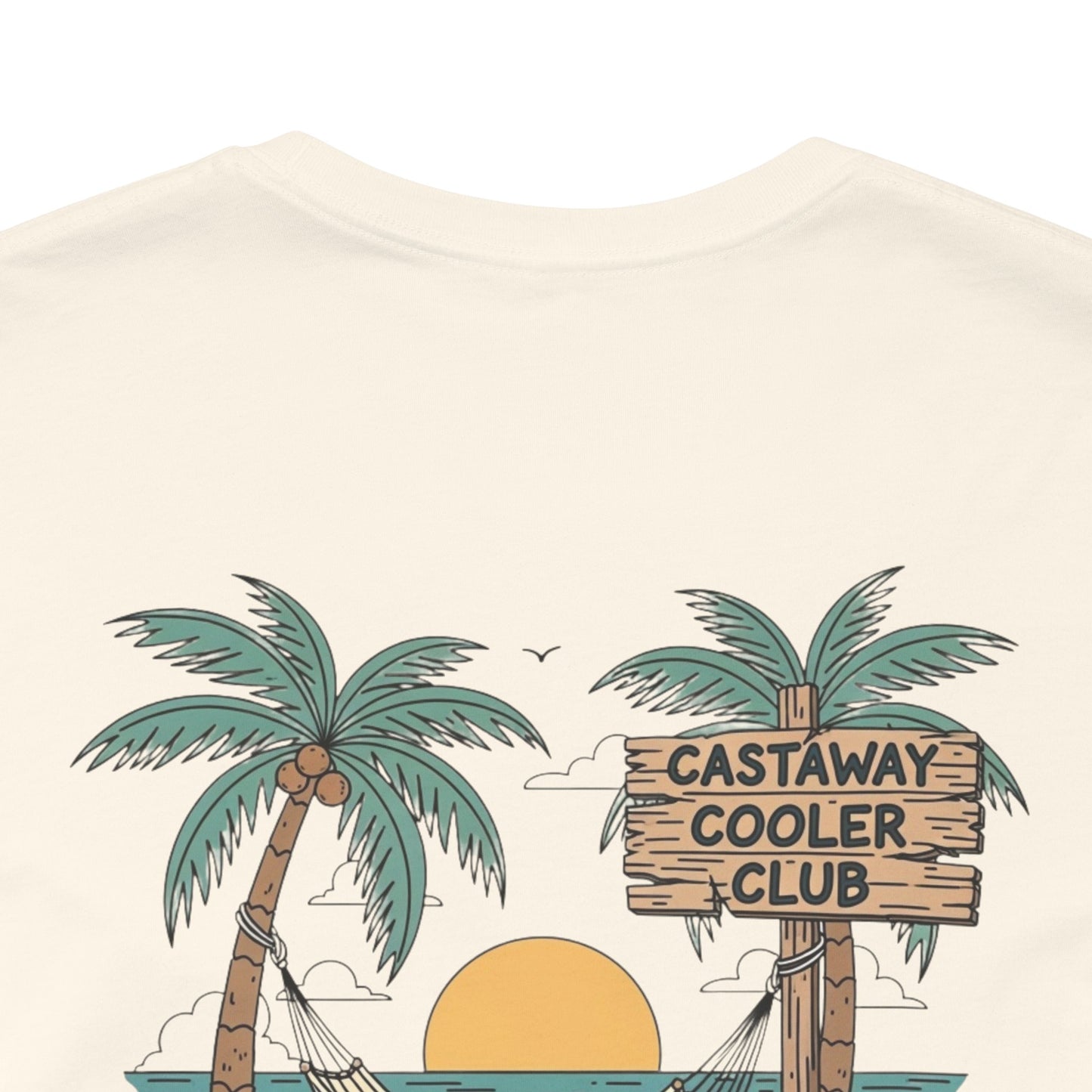 Castaway Cooler Club Tee | Beach Hammock Scene with Palm Trees, Ice Chest, and Sunset - Tropical Island Party Graphic Back Tee (BC3001)