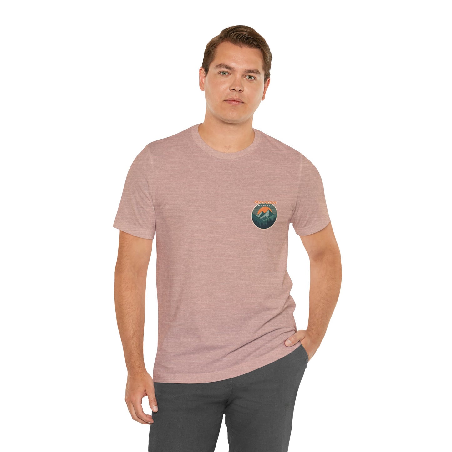 Mountain Horizon Tee | Bold Wilderness Scene with Sunset Peaks and Pine Reflection - Adventure Graphic Shirt (BC3001)