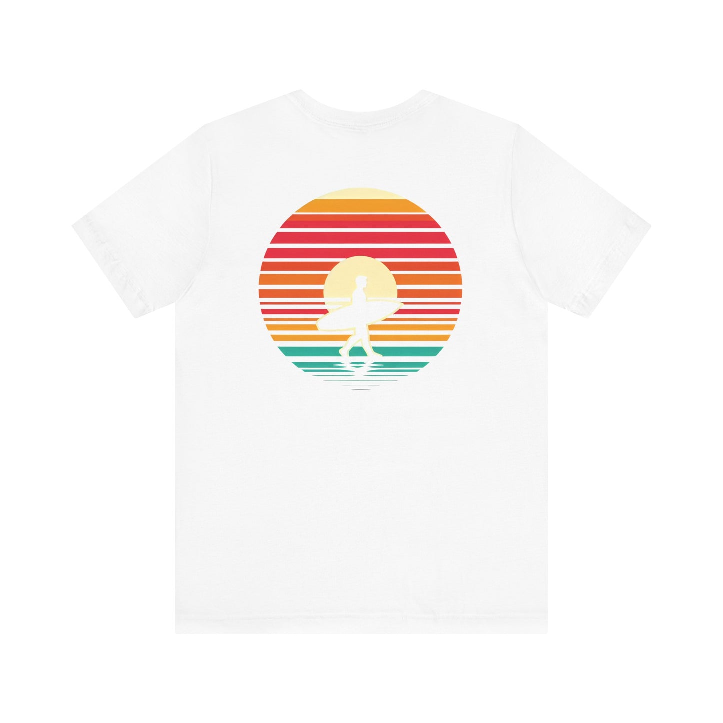 Sunset Surfer Tee | Retro Surf Silhouette with Bold Sunset Stripes - Beach Vibes Graphic Tee (BC3001)