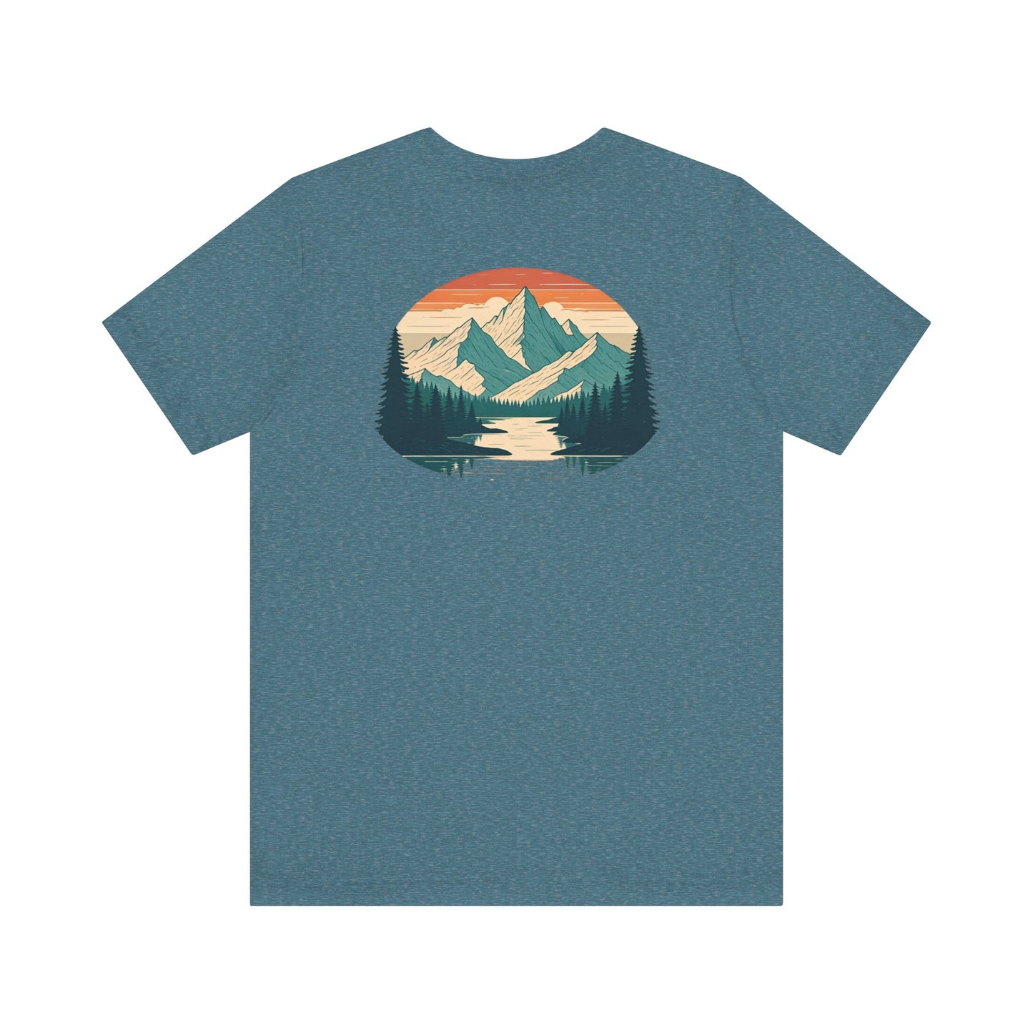 Mountain Horizon Tee | Bold Wilderness Scene with Sunset Peaks and Pine Reflection - Adventure Graphic Shirt (BC3001)