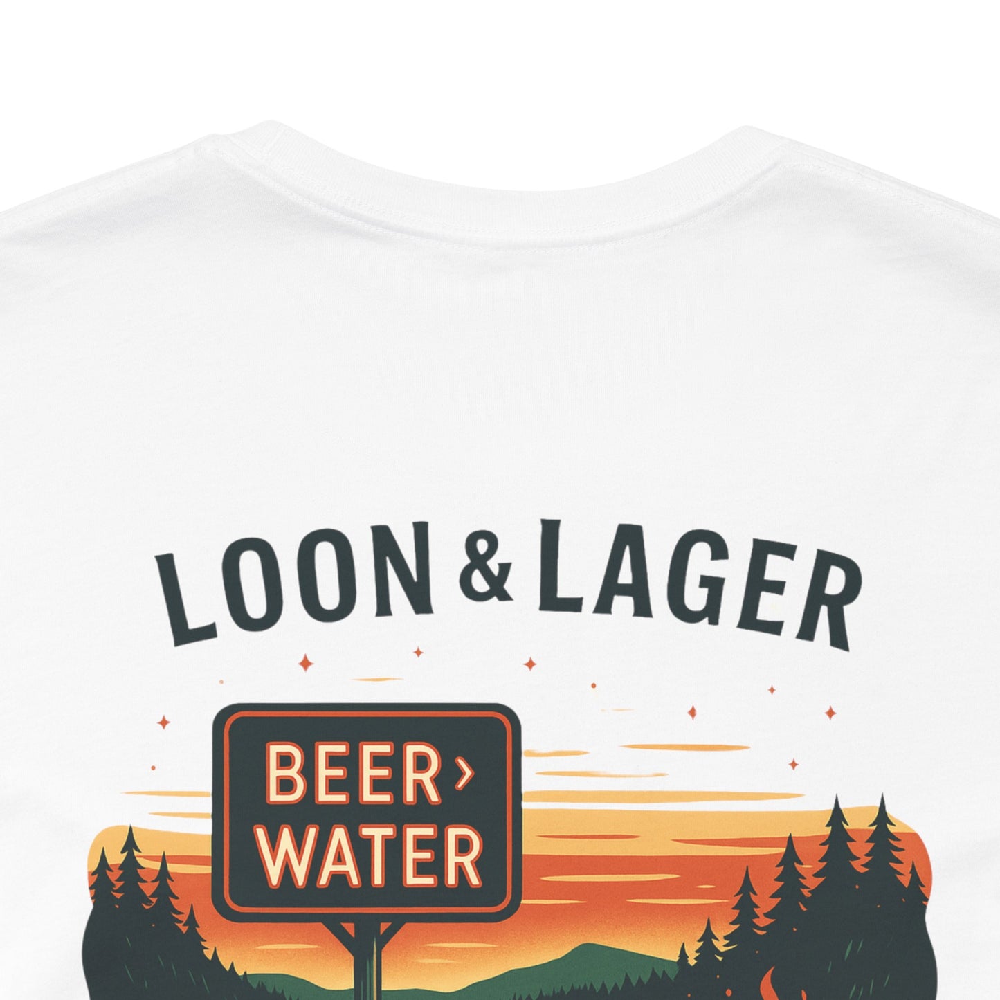 Loon & Lager Tee | Campfire Dock Scene with Canoes, Cooler, and Beer Sign - Playful Northern Lake Night Graphic Back Tee (BC3001)