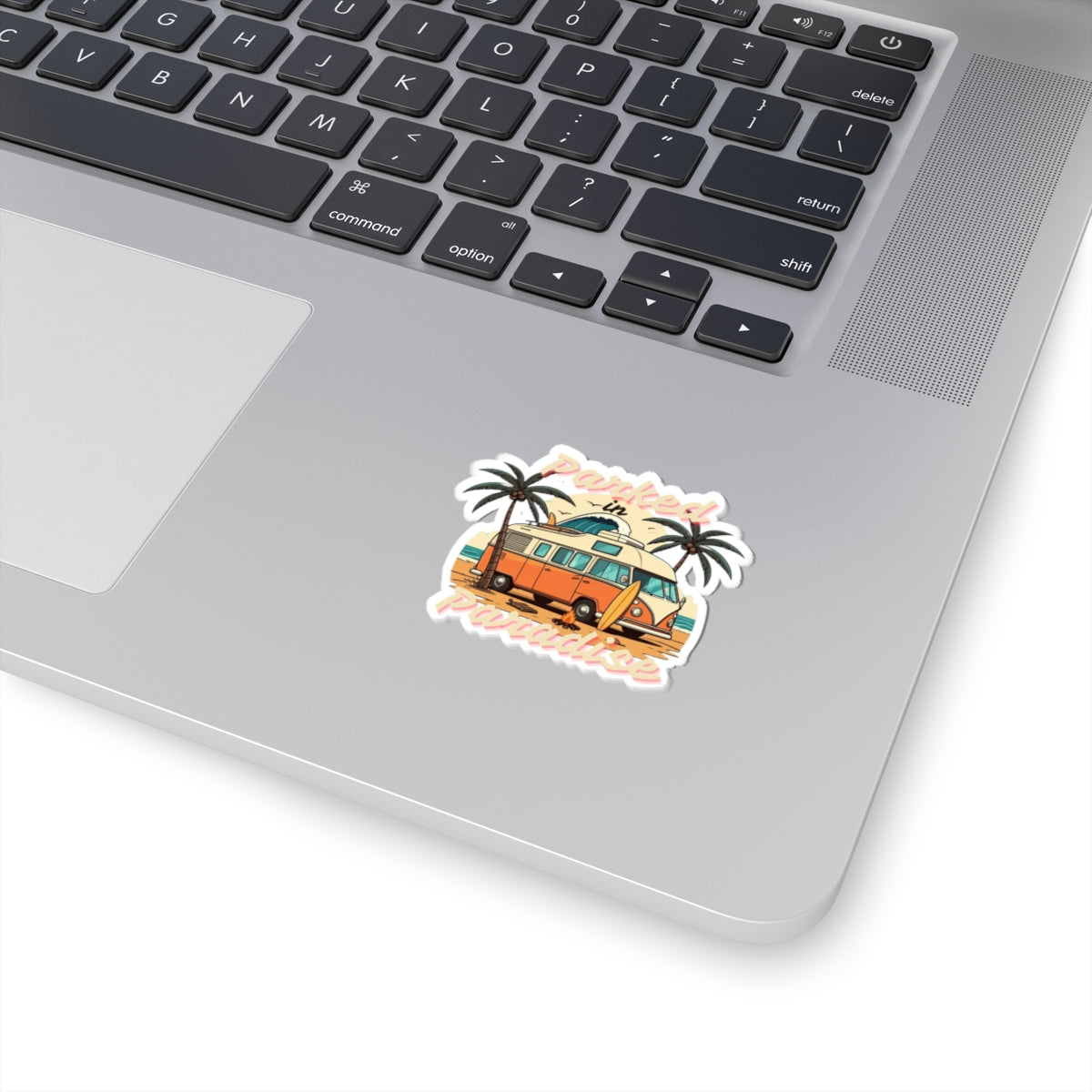 Parked in Paradise Sticker | Retro Camper Van Beach Scene with Palm Trees – Vintage Coastal Adventure Vinyl Sticker