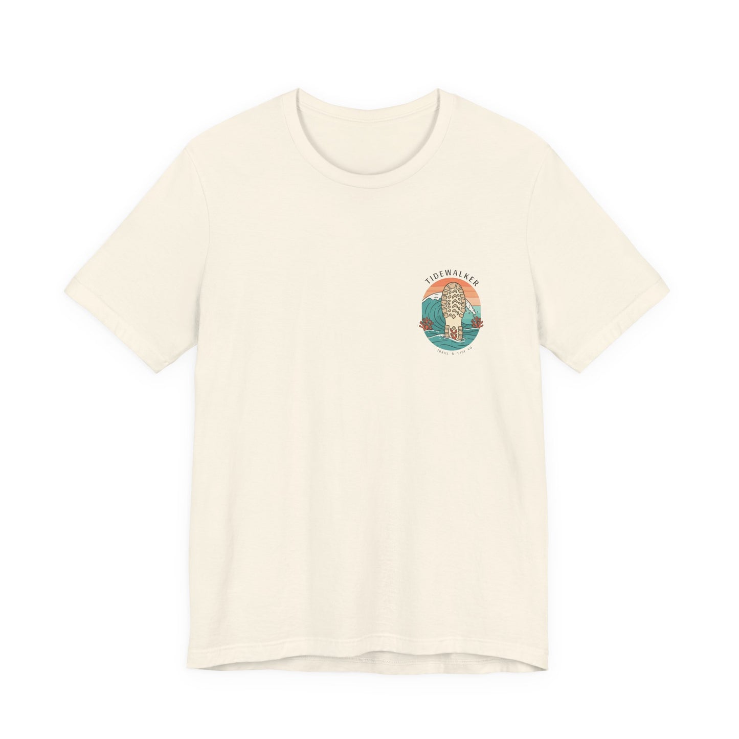 Tidewalker Tee | Coastal Trail Footprints Along Sunset Shore - Beach Walk Graphic Back Tee with Front Crest Patch (BC3001)