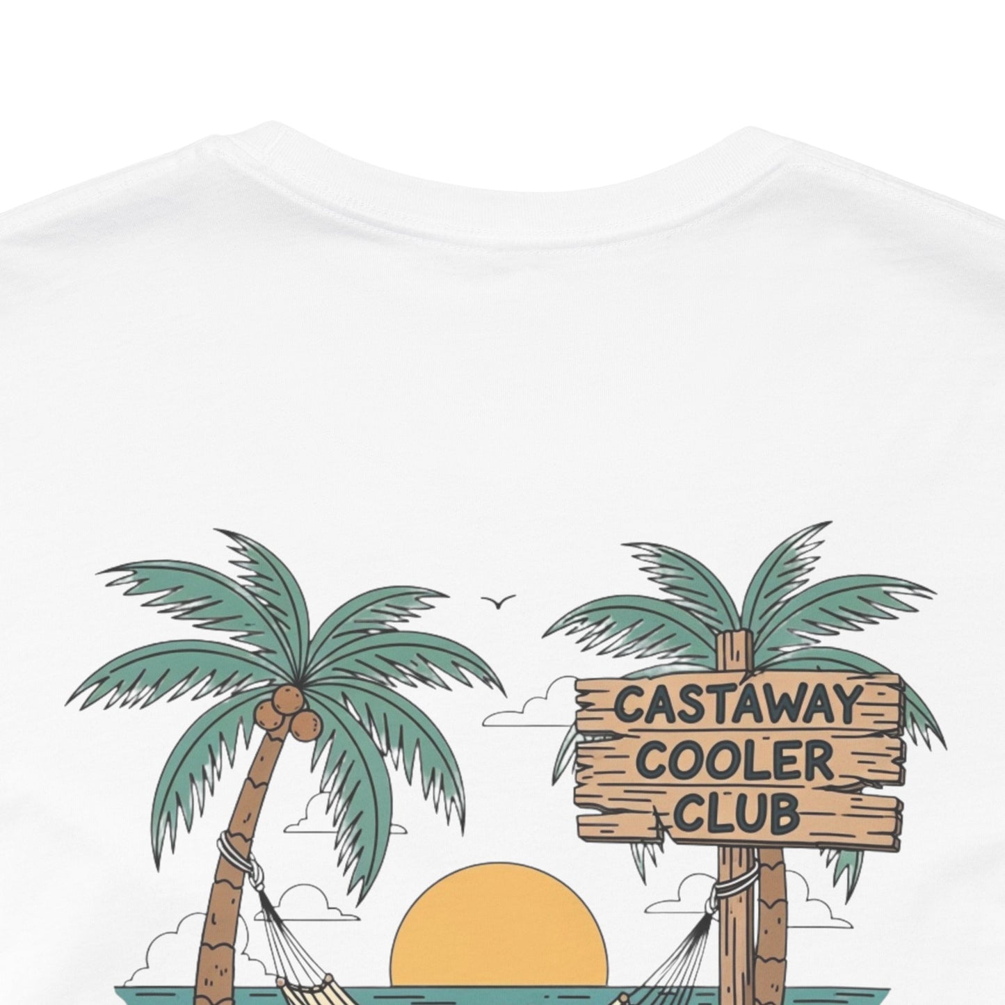 Castaway Cooler Club Tee | Beach Hammock Scene with Palm Trees, Ice Chest, and Sunset - Tropical Island Party Graphic Back Tee (BC3001)