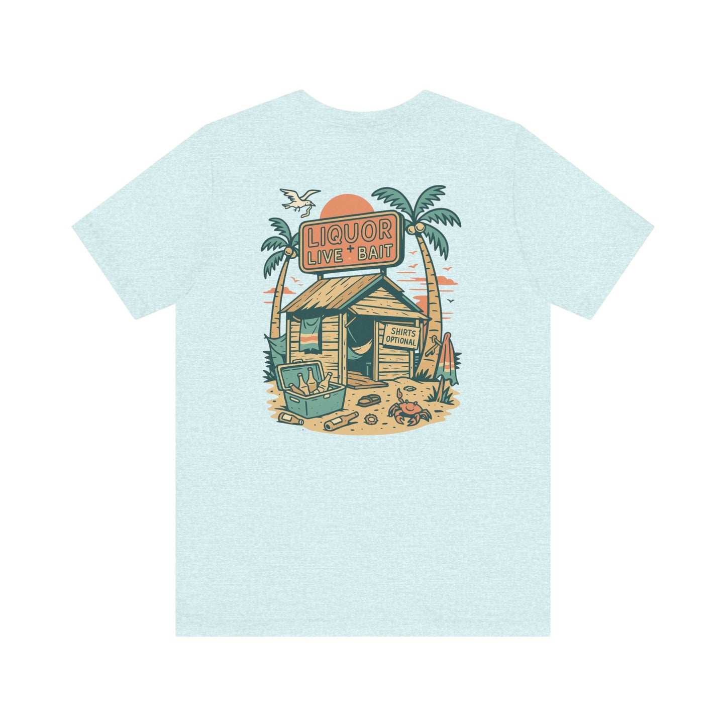 Sunburnt & Buzzed Tee | Tropical Bait Shack with Cooler, Crabs, and Neon Sign - Retro Beach Bar Party Graphic Tee (BC3001)