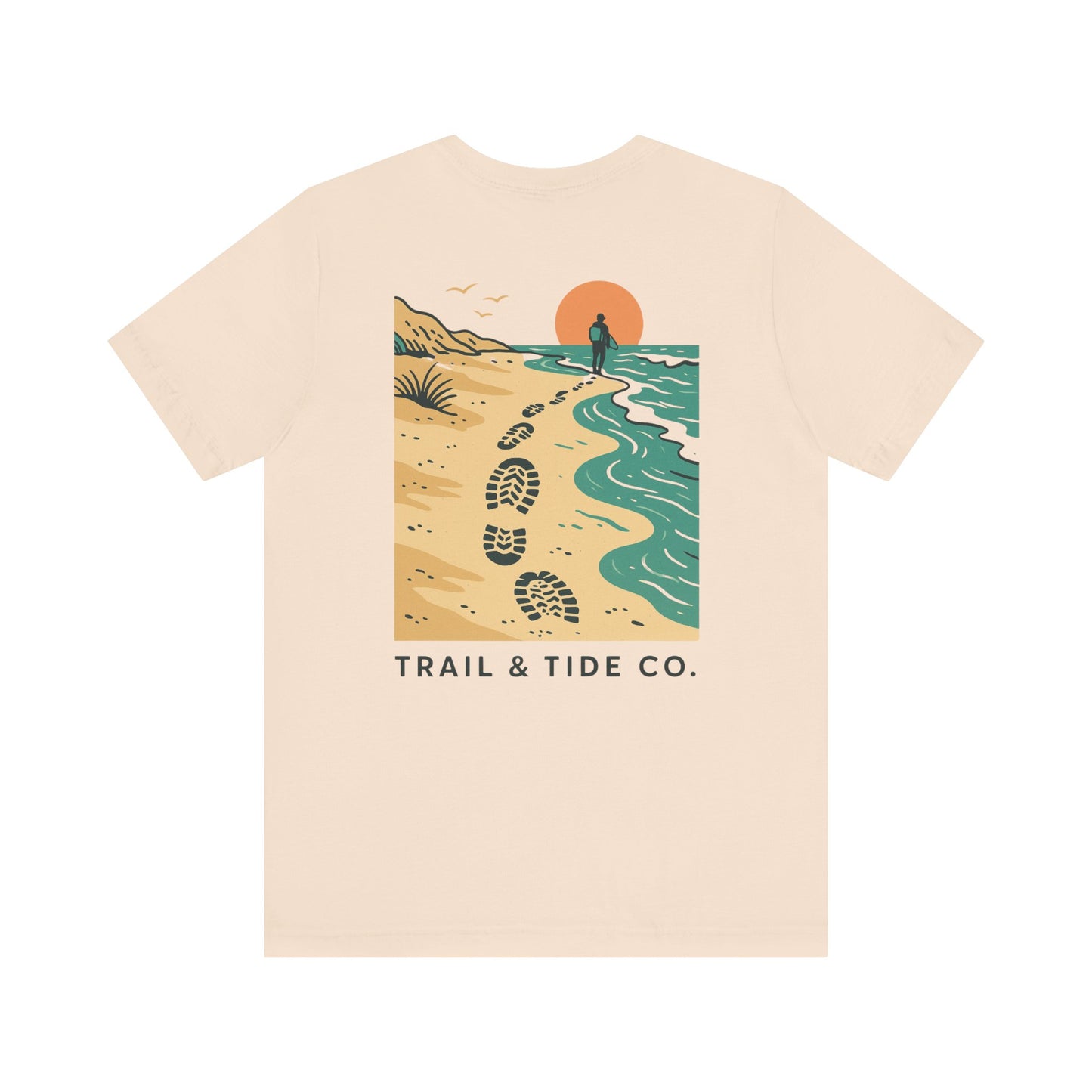 Tidewalker Tee | Coastal Trail Footprints Along Sunset Shore - Beach Walk Graphic Back Tee with Front Crest Patch (BC3001)