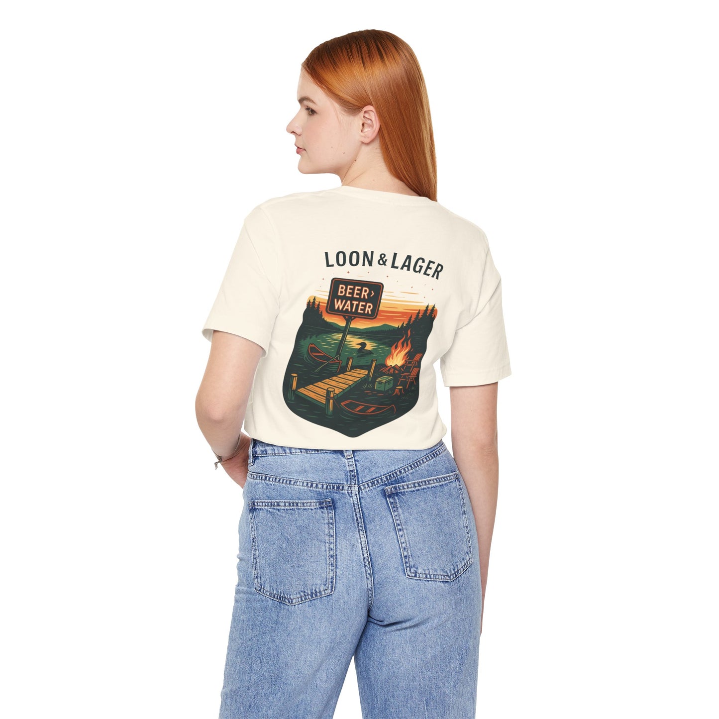 Loon & Lager Tee | Campfire Dock Scene with Canoes, Cooler, and Beer Sign - Playful Northern Lake Night Graphic Back Tee (BC3001)