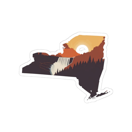 New York Summit Sticker | Adirondack Peaks with Sunset in State Silhouette – Bold Wilderness Mountain Vinyl Sticker