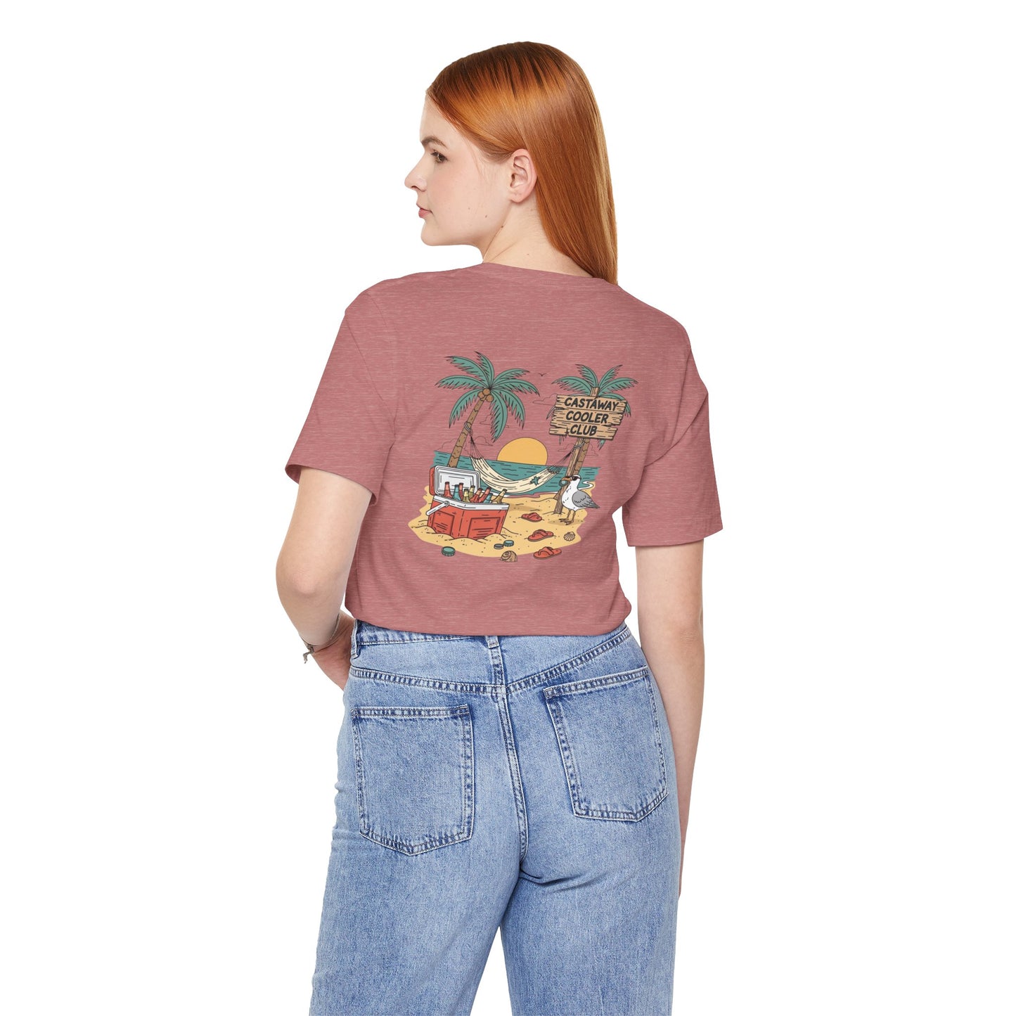 Castaway Cooler Club Tee | Beach Hammock Scene with Palm Trees, Ice Chest, and Sunset - Tropical Island Party Graphic Back Tee (BC3001)