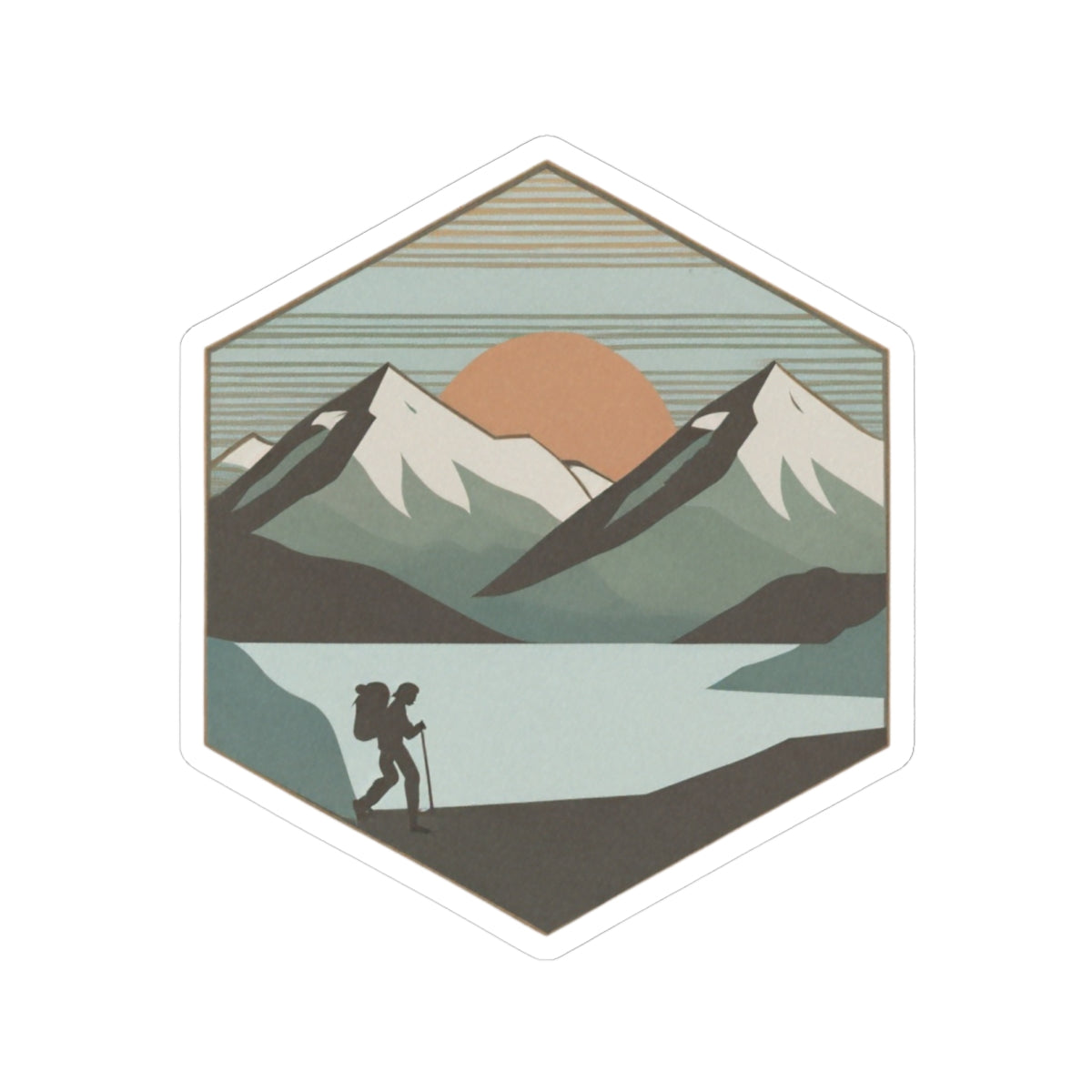 Horizon Hike Sticker | Minimalist Mountain Sunset with Hiker and Lake – Retro Wilderness Trek Graphic Vinyl Sticker